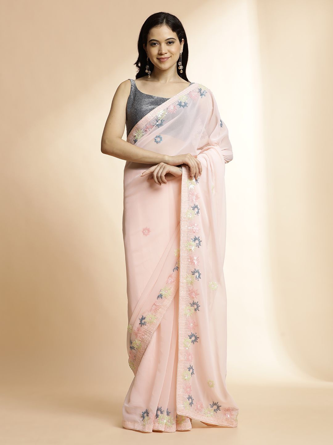 

Jaipur Kurti Solid Sequinned Pure Georgette Saree, Pink