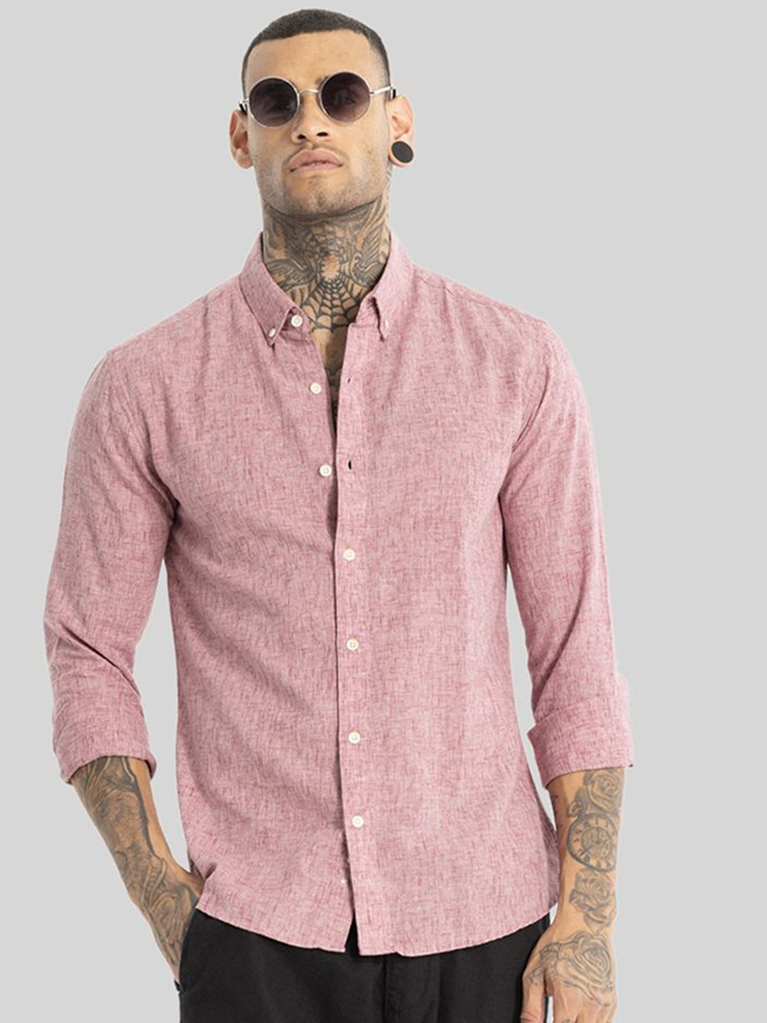 

Snitch Men Smart Button-Down Collar Solid Lyocell Slim Fit Casual Shirt, Pink