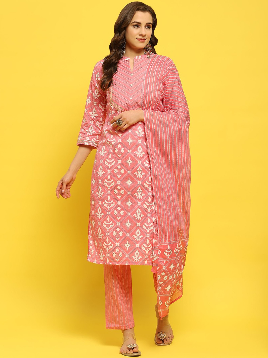 

Shree Geometric Printed Sequinned Pure Cotton Straight Kurta With Trousers & Dupatta, Pink