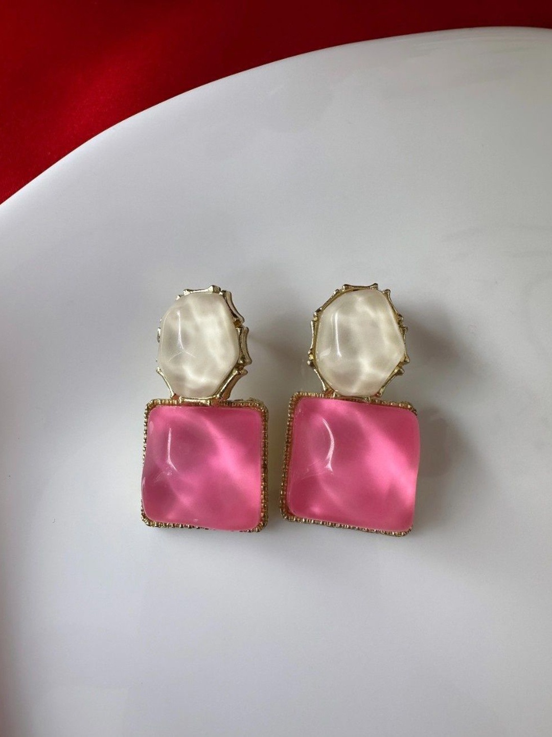 

AMADA JEWELS Stone Studded Square Brass Drop Earrings, Pink