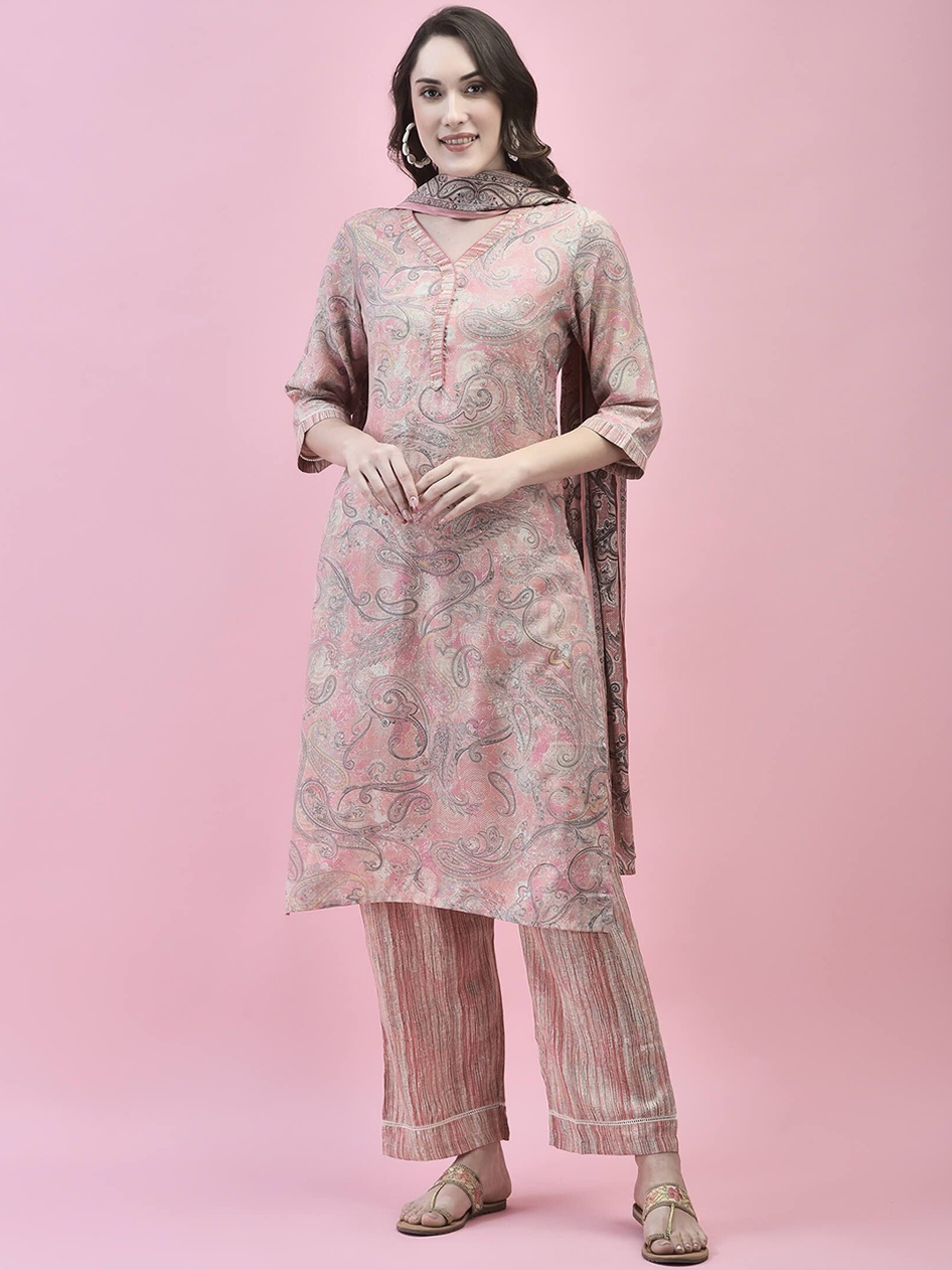 

Shree Paisley Printed Beads and Stones Kurta with Trousers & Dupatta, Pink