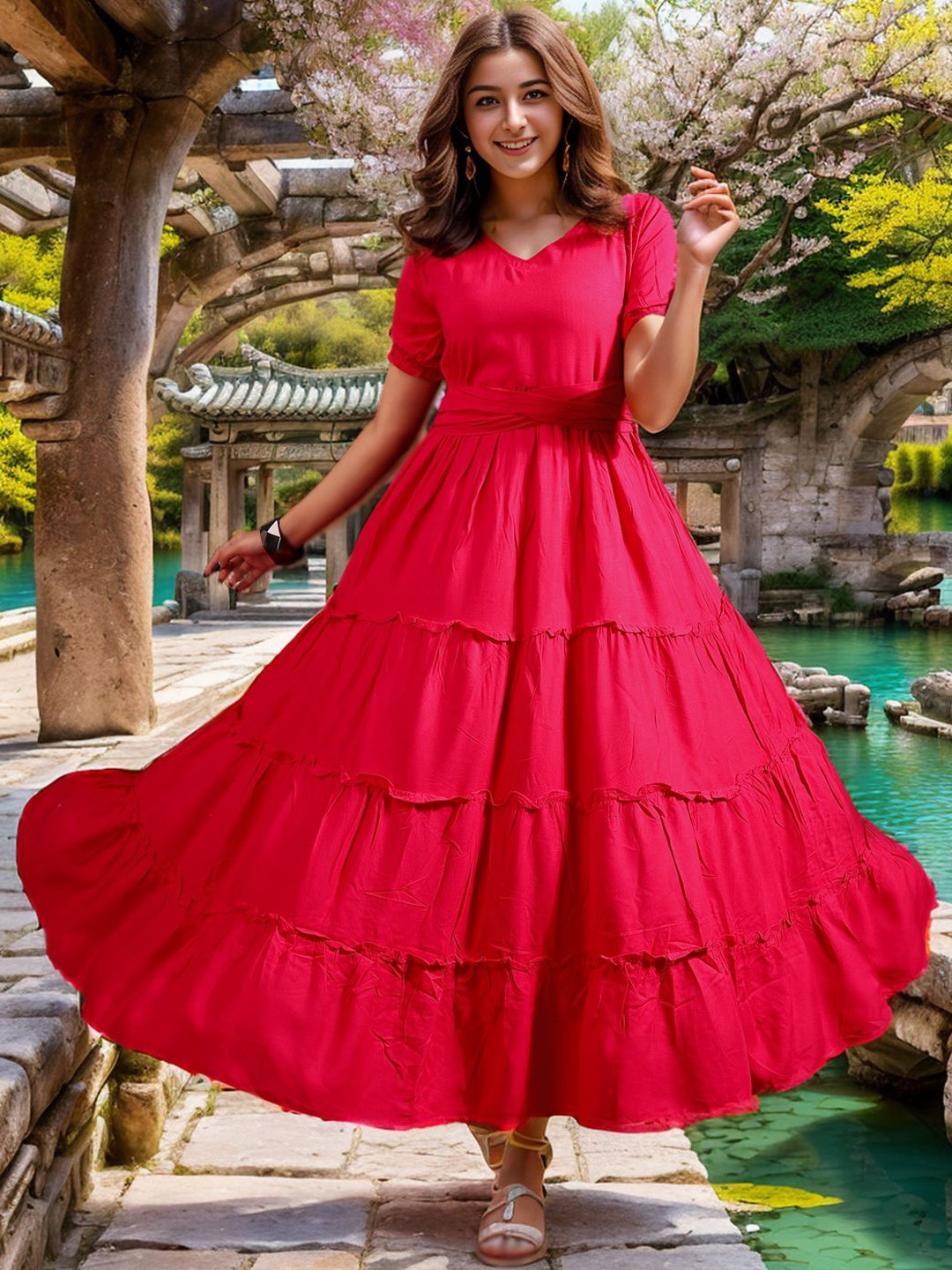 

Ziva Fashion V-Neck Fit and Flare Tiered Maxi Dress, Magenta