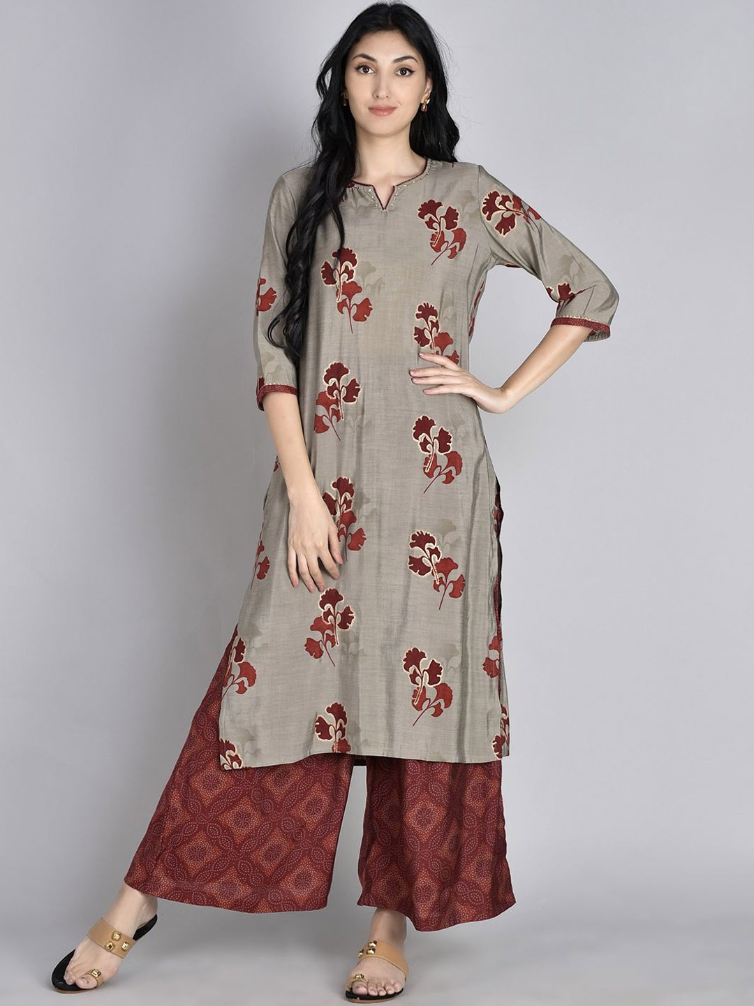 

Shree Floral Printed Sequined Liva Straight Kurta With Palazzos, Maroon