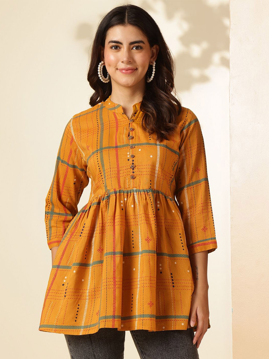 

Anouk Rustic Women Vertical Striped Mandarin Collar Cotton Top, Orange