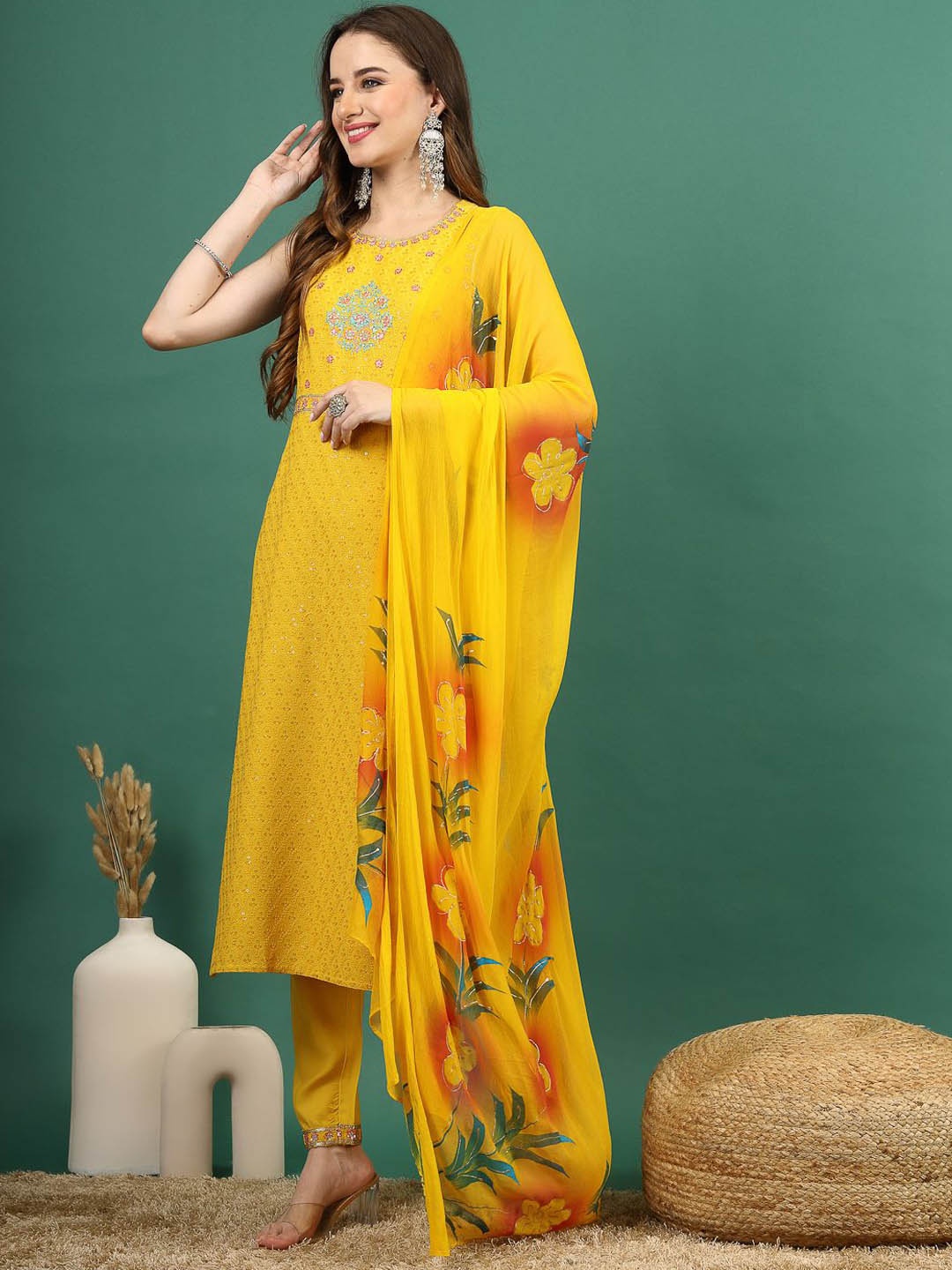 

Sangria Embroidered Sequinned Straight Kurta With Trouser & Dupatta, Yellow