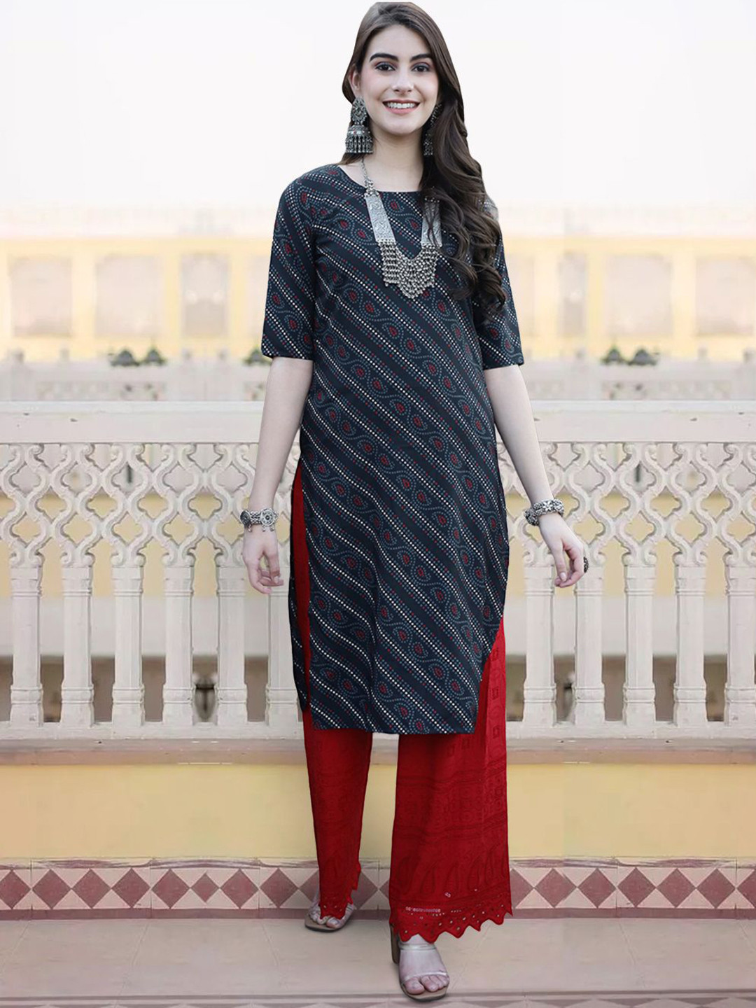 

7Threads Bandhani Printed Round Neck Straight Kurta, Navy blue