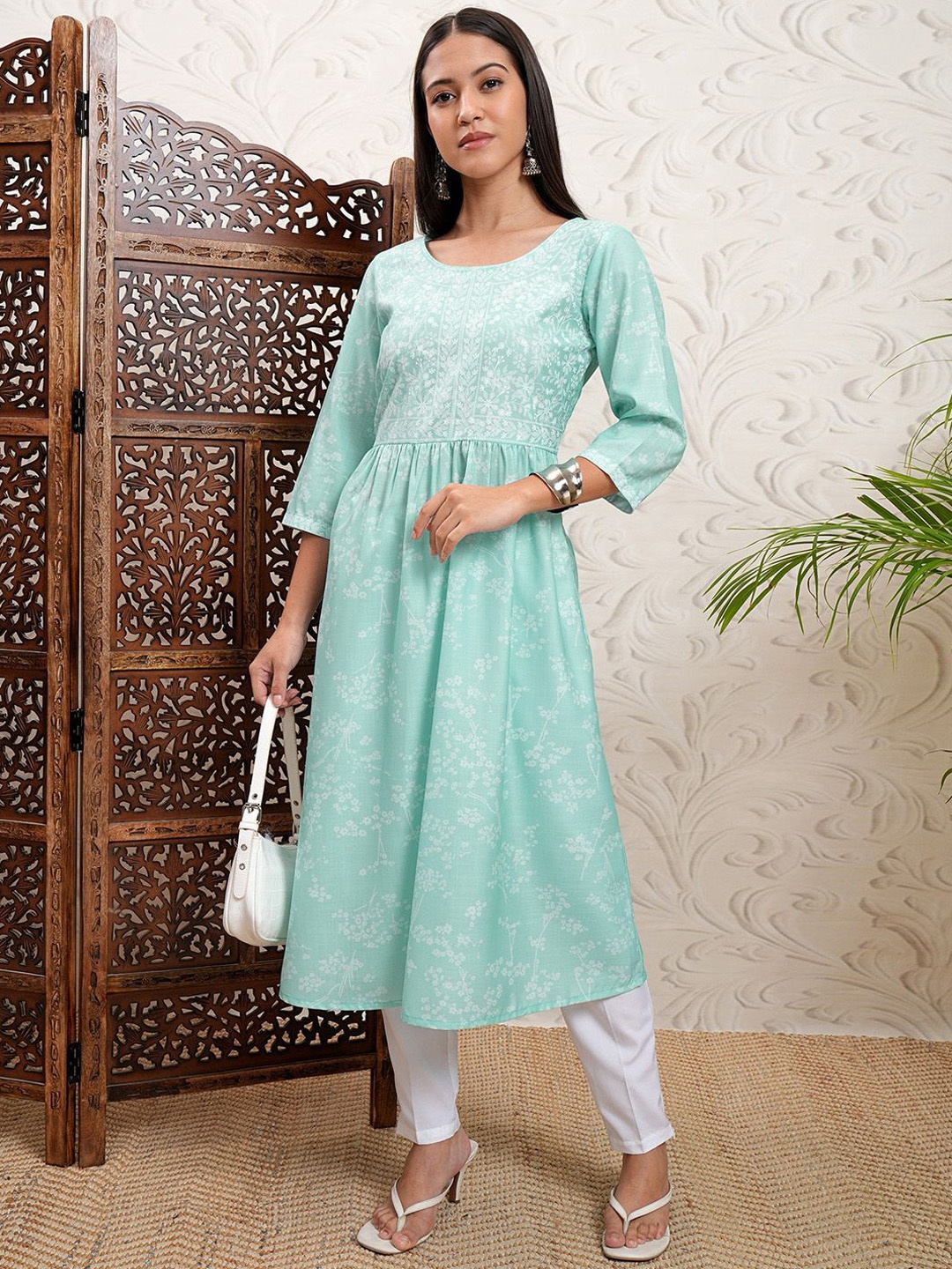 

Vishudh Turquoise Blue Floral Printed Round Neck Gathered Waist A-Line Kurta
