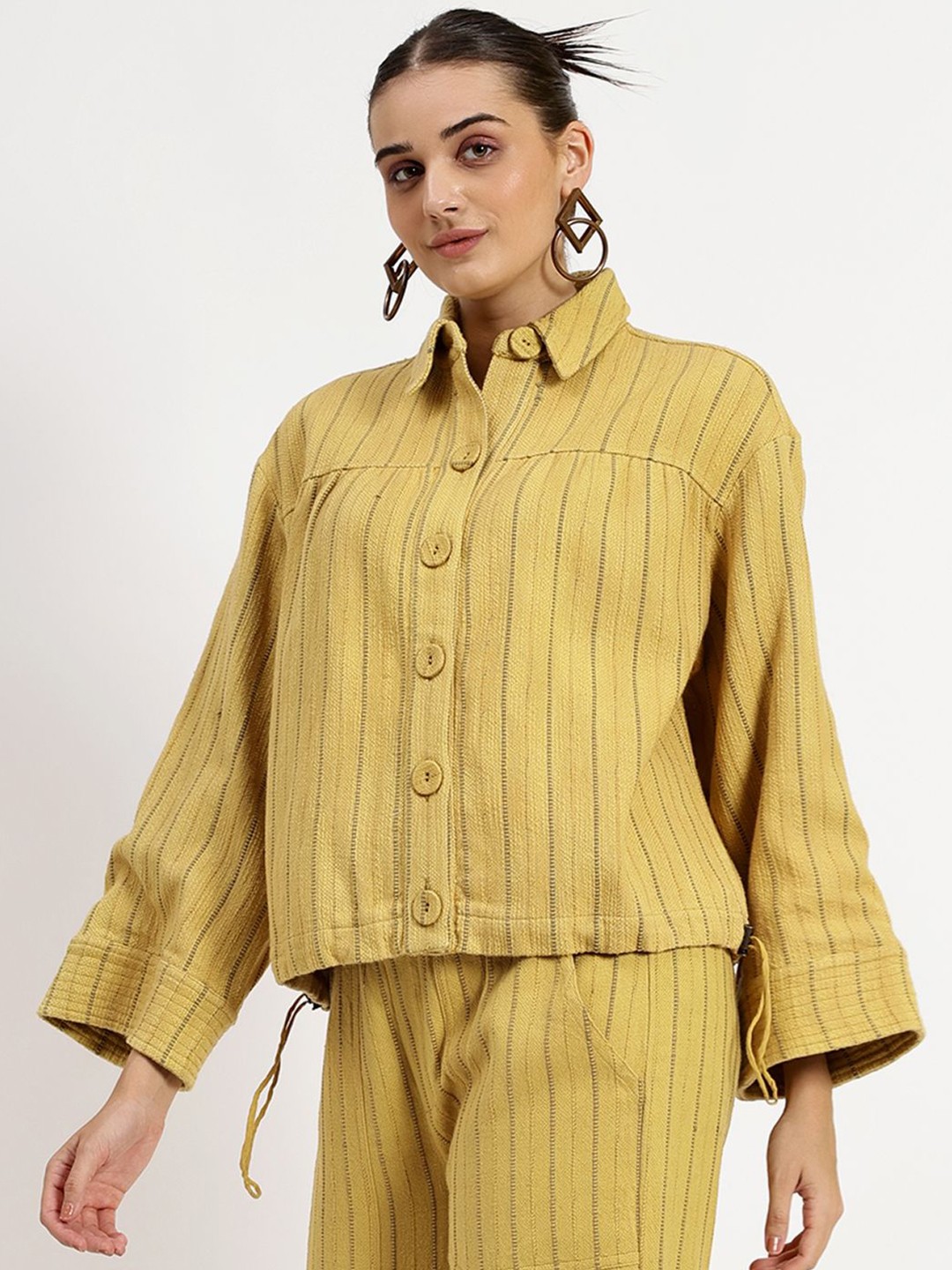 

Saint G Women Solid Striped Shirt Collar Cotton Top, Yellow