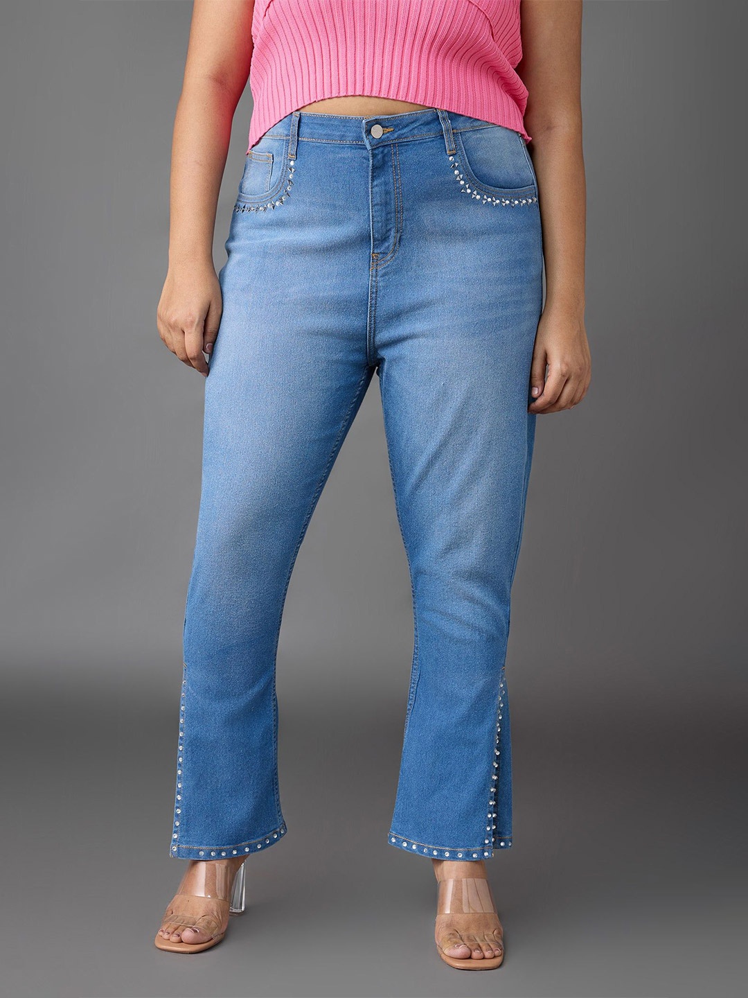 

FREAKINS Women Embellished Bootcut High-Rise Cotton Jeans, Blue