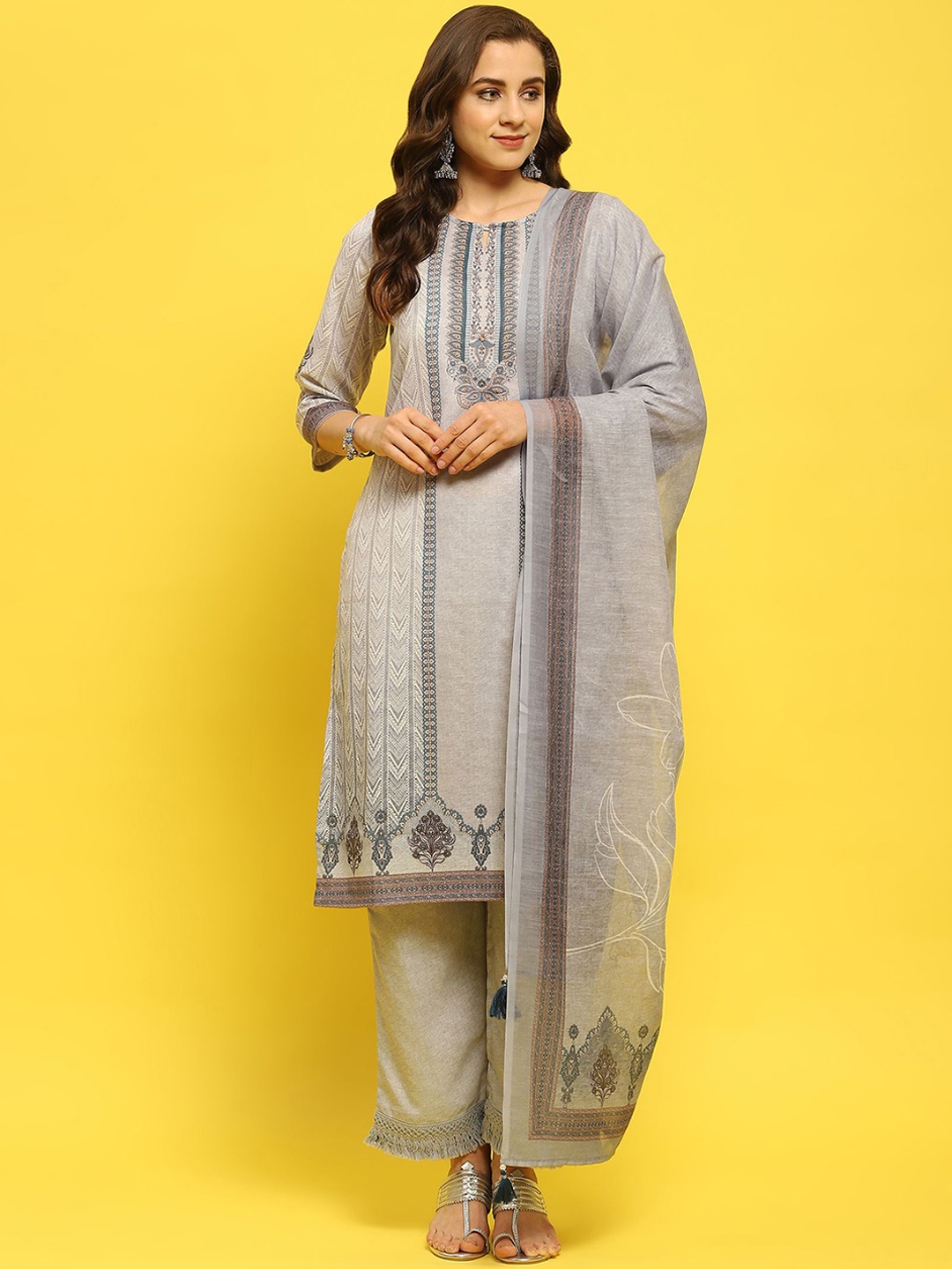 

Shree Geometric Printed Regular Linen Kurta With Trousers & Dupatta, Grey