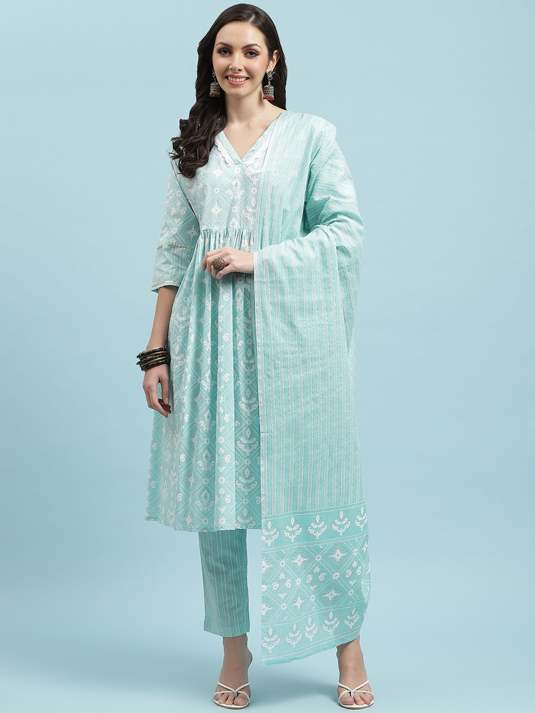

Shree Women Printed Regular Pure Cotton Kurta with Trousers & With Dupatta, Turquoise blue