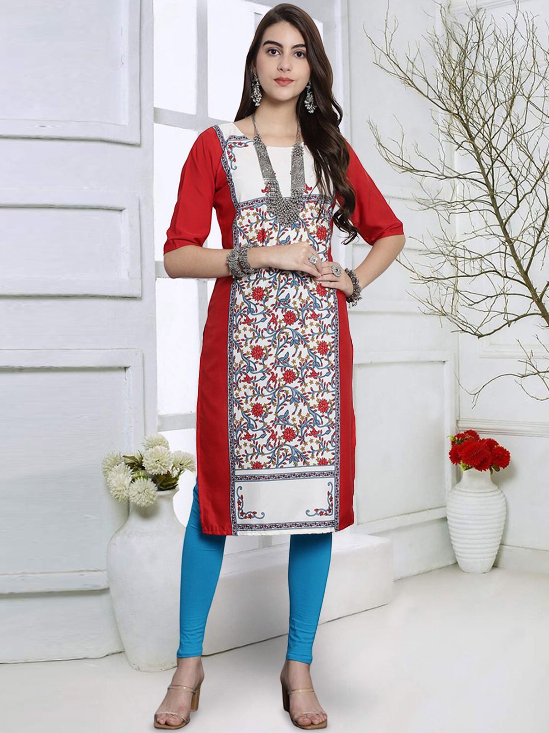 

7Threads Floral Printed Round Neck Straight Kurta, Red