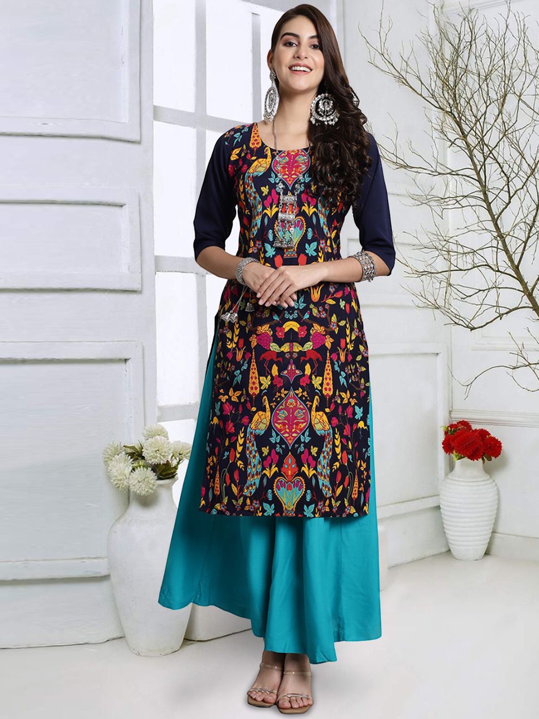 

7Threads Ethnic Motifs Printed Round Neck Crepe Straight Kurta, Navy blue