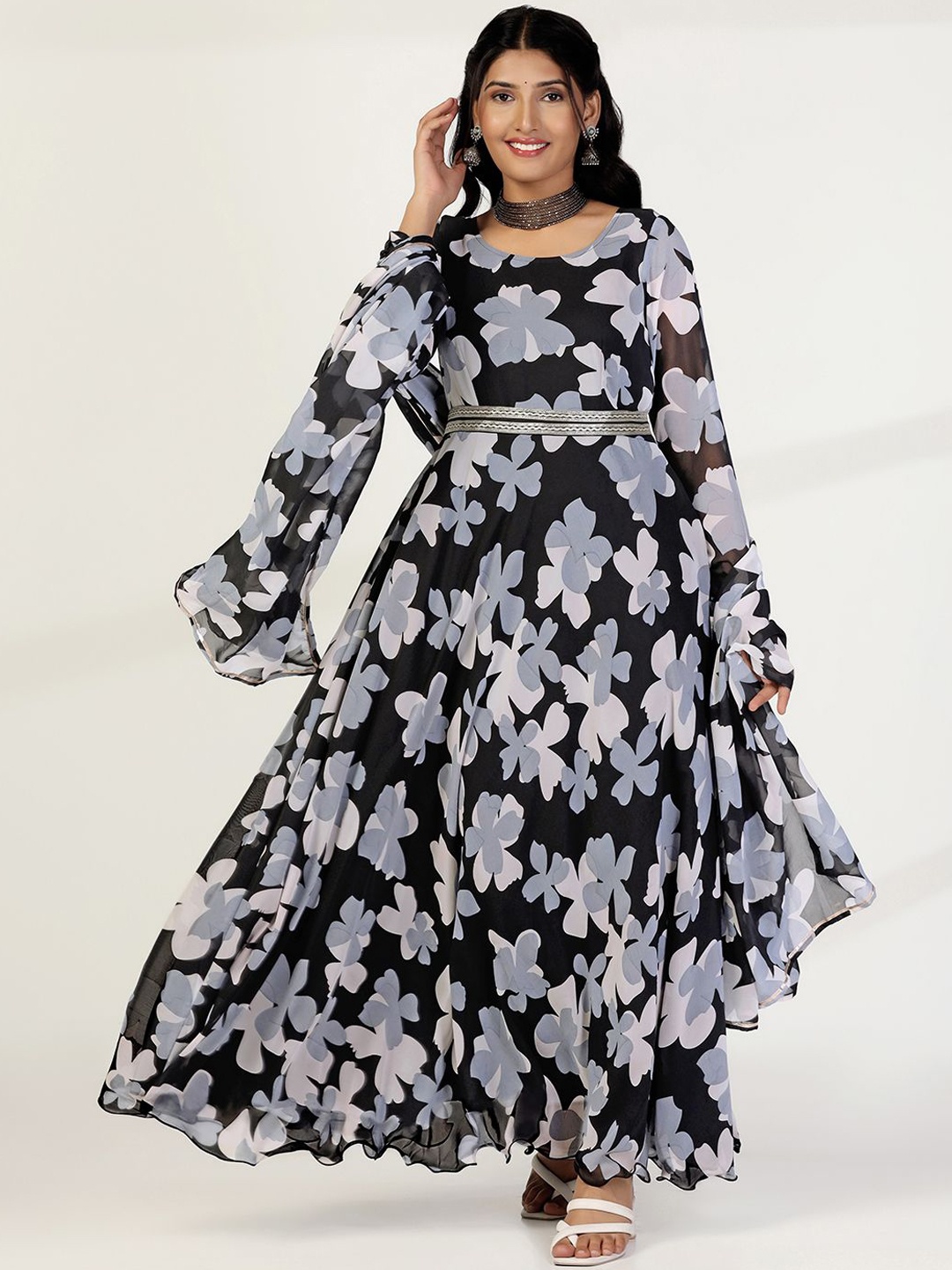 

BAESD Women Floral Printed Fit & Flare Ethnic Dress With Dupatta, Black