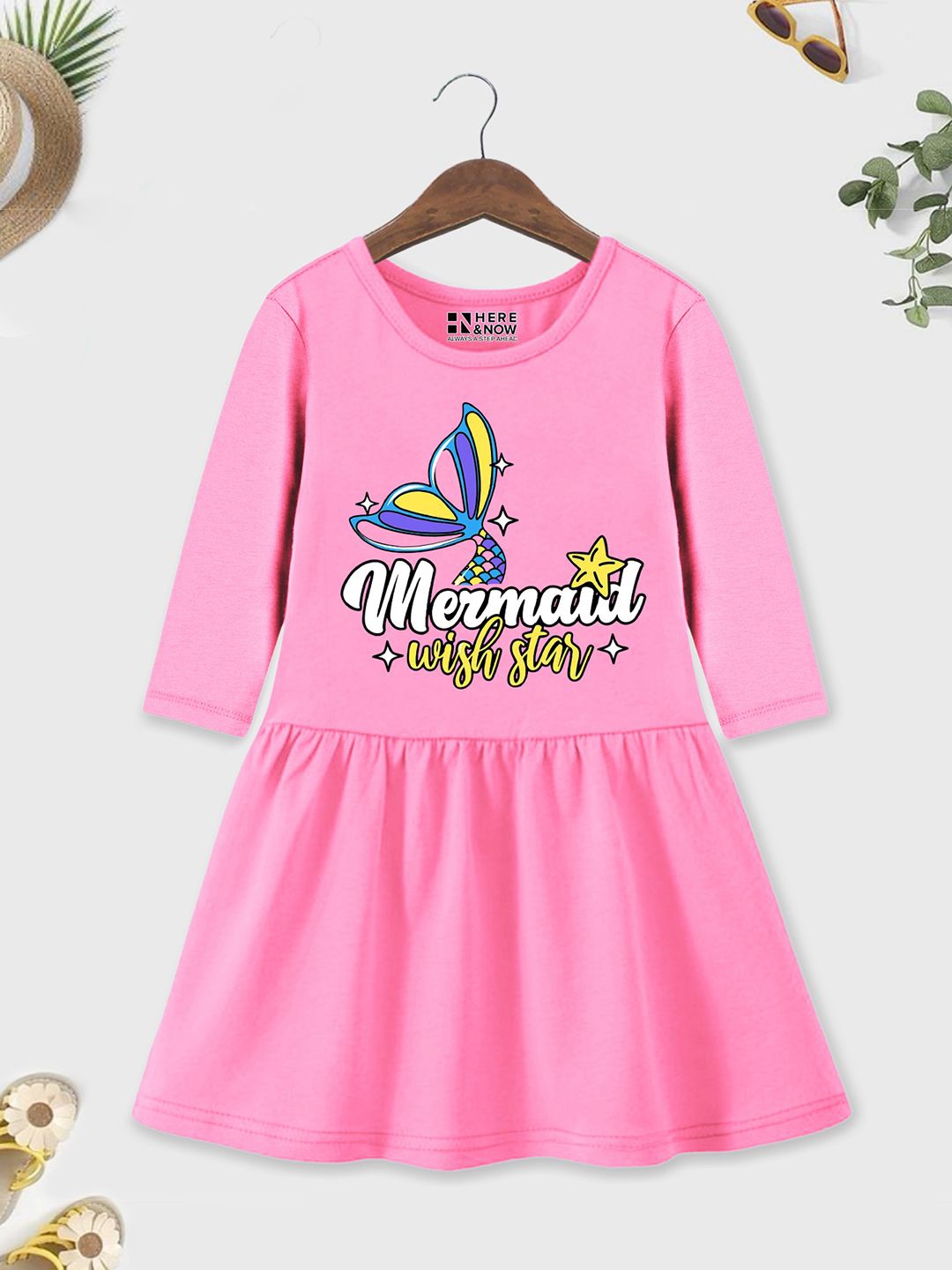 

HERE&NOW girls Round Neck Graphic Print Fit and Flare Dress, Pink