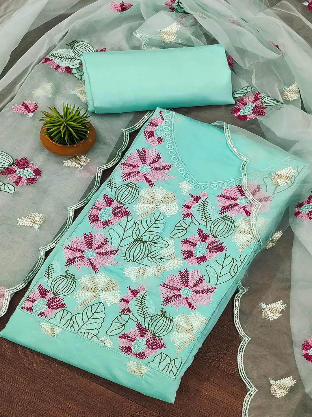 

Peachmode Embroidered Unstitched Dress Material, Turquoise blue