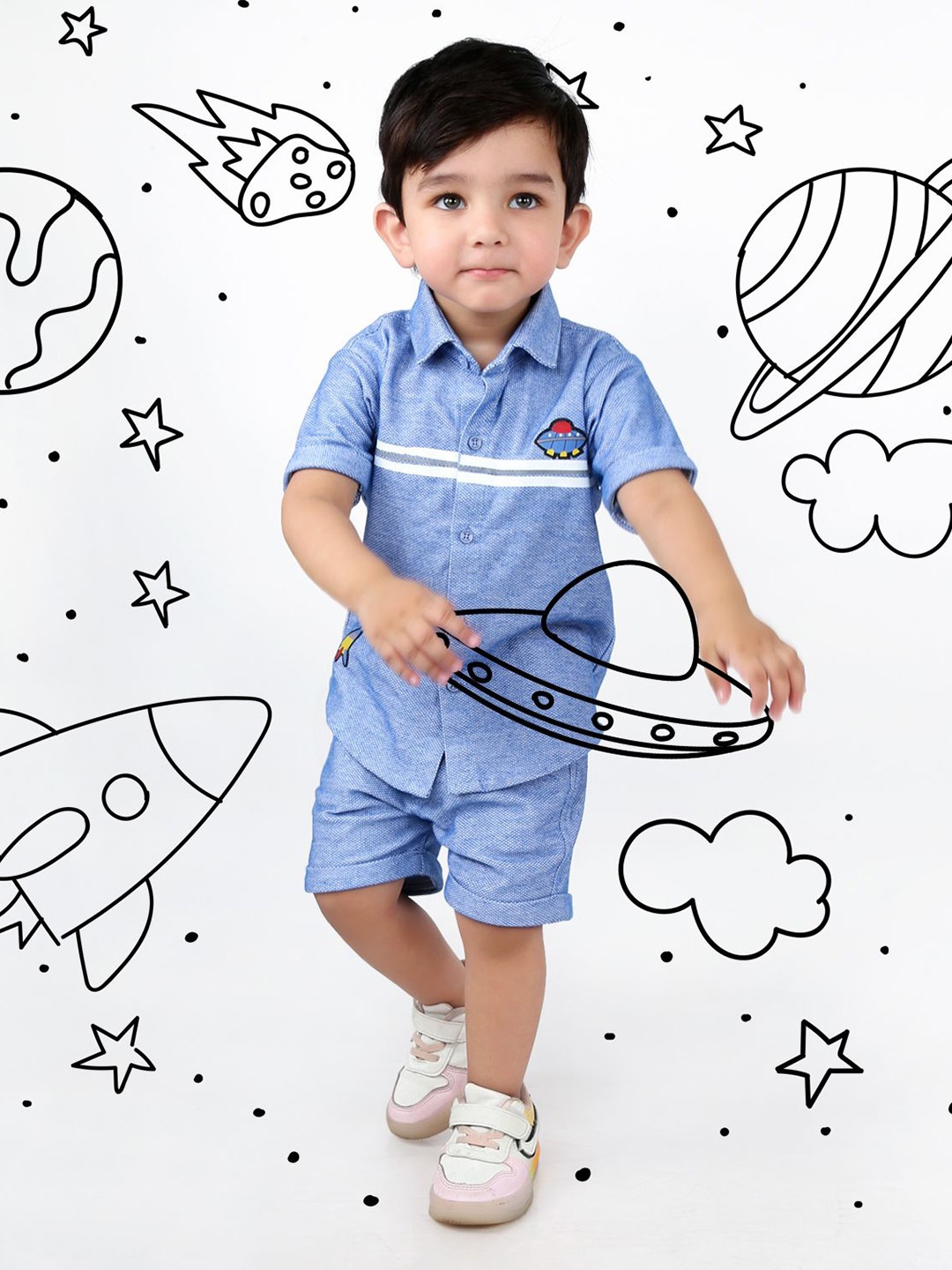 

MashUp Boys Striped Pure Cotton Shirt With Shorts, Blue