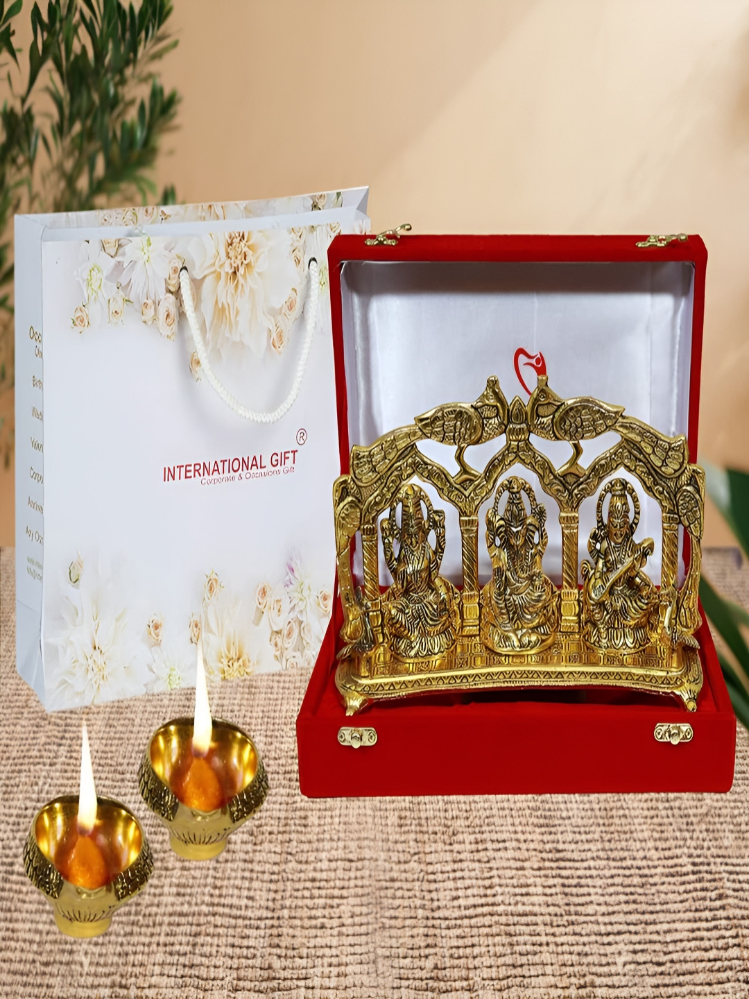 

INTERNATIONAL GIFT GoldToned & Red 3 Pcs Laxmi Ganesha Saraswati God Idol Home Gift Sets, Gold