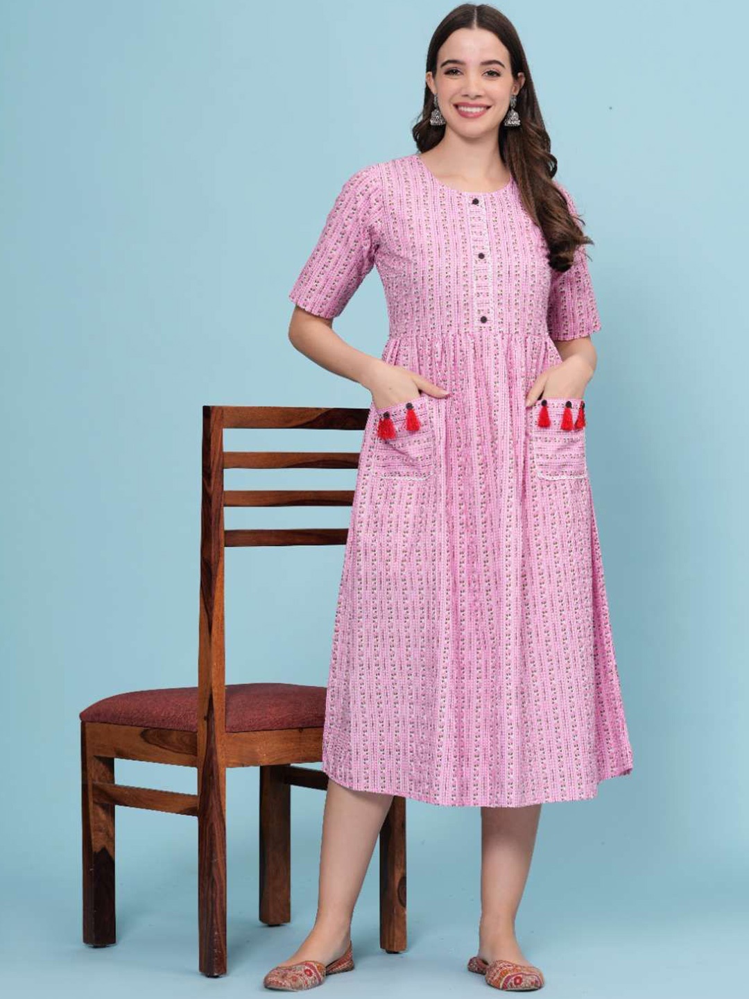 

HEARTLOOM Printed Pure Cotton Empire Ethnic Dress, Pink