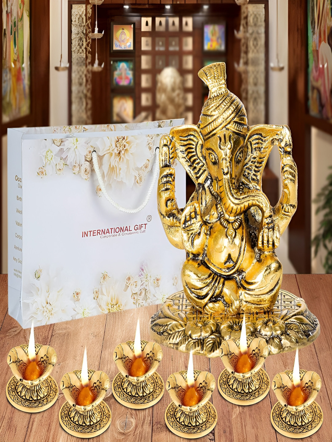 

INTERNATIONAL GIFT Gold-Toned 7 Pieces Pagdi Ganesha Idol & Diya With Box