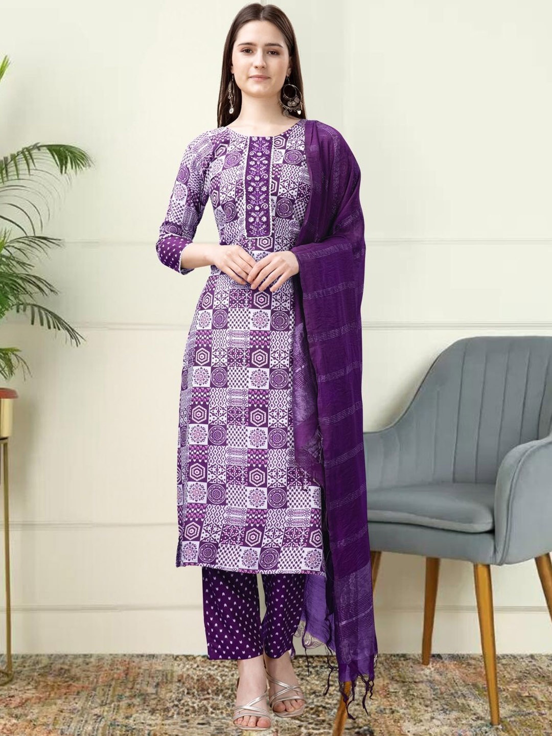 

KAZIA Geometric Printed Thread Work Kurta with Trousers & Dupatta, Purple
