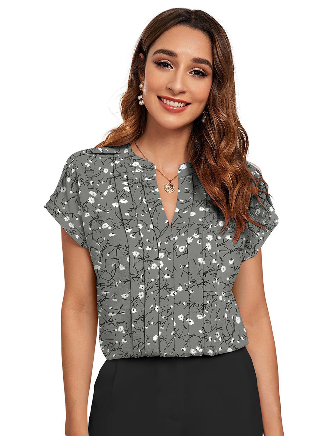 

BAESD Women Floral Printed Round Neck Top, Grey