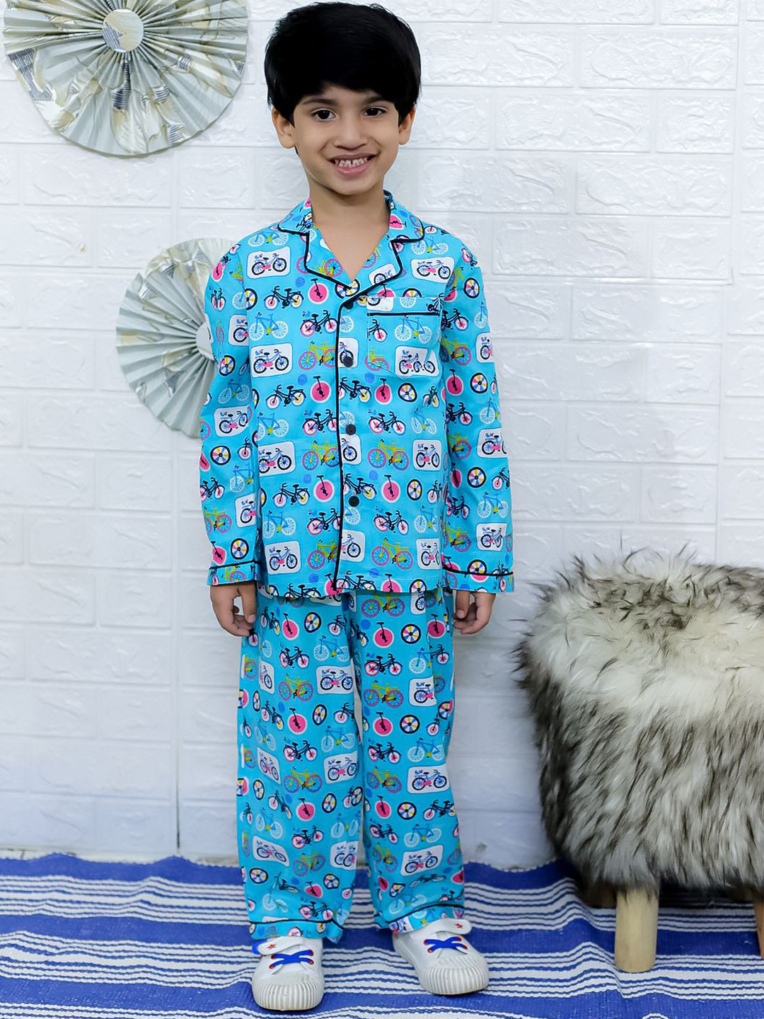 

UNBIND Boys Conversational Printed Lapel Collar Pure Cotton Clothing Set, Blue