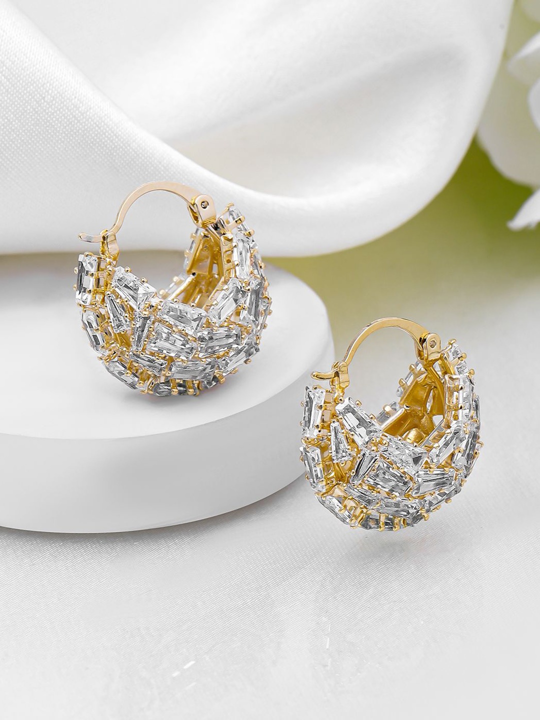 

Rubans 18K Gold Plated Baguette-Cut Cubic Zirconia Studded Cluster Hoop Earrings