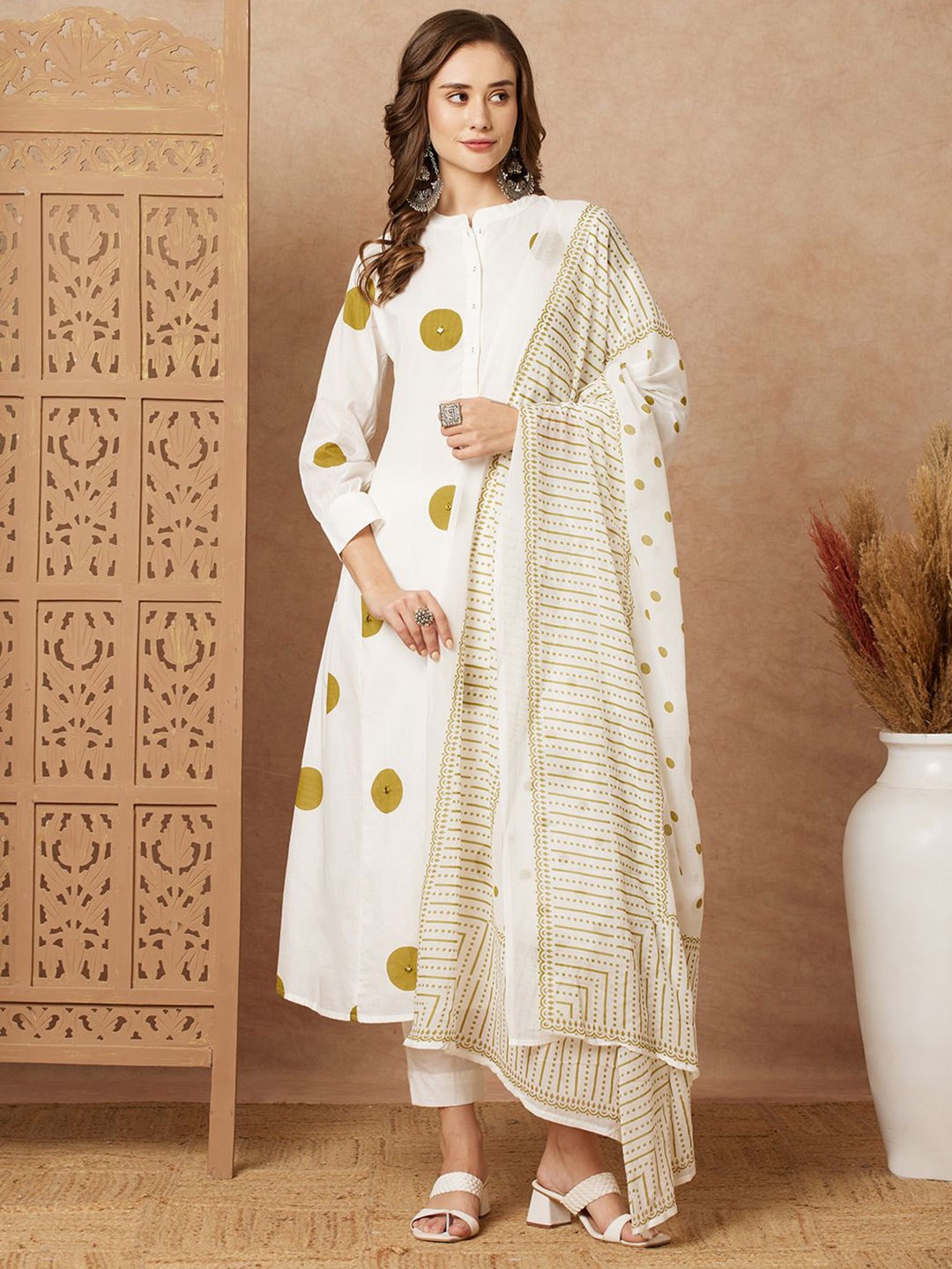 

FASHOR Geometric Printed Mirror Work Pure Cotton A-Line Kurta with Trousers & Dupatta, White