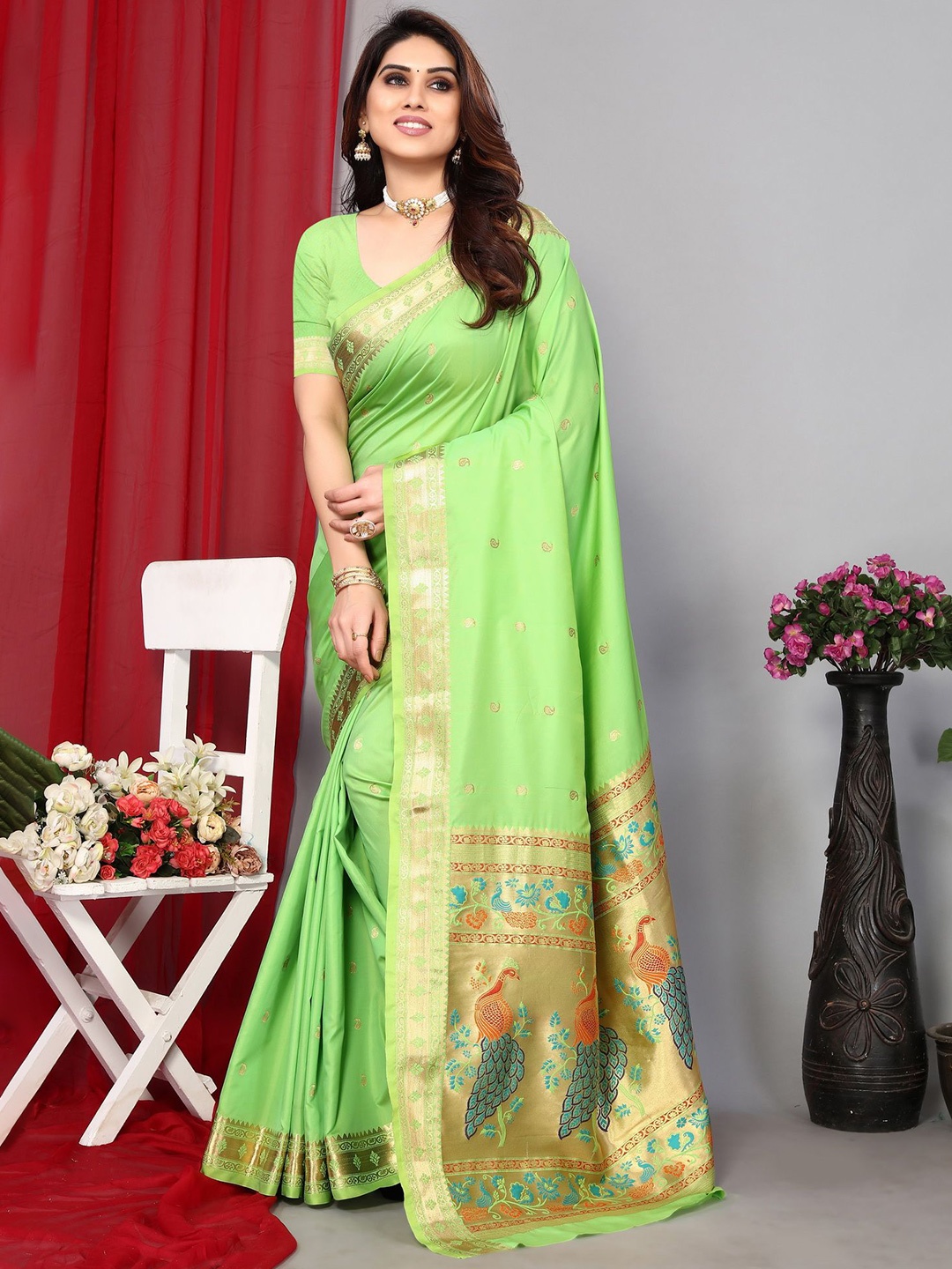 

Ekta Textiles Ethnic Motifs Zari Pure Silk Paithani Saree, Green