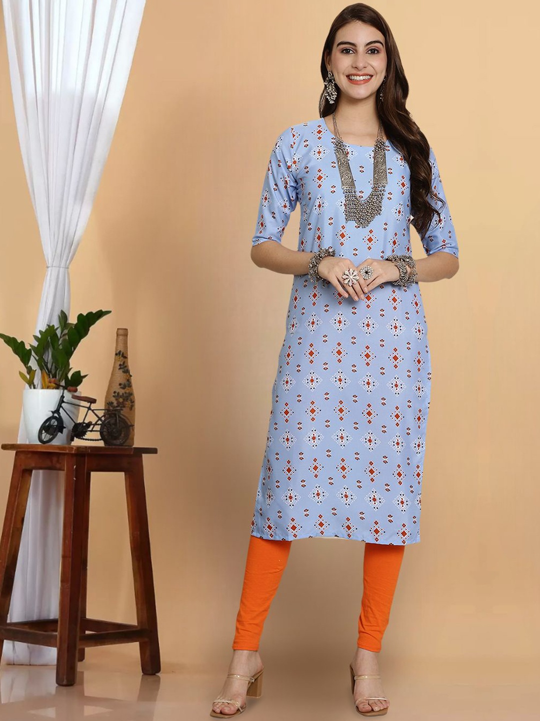 

7Threads Ethnic Motifs Printed Round Neck Straight Kurta, Blue