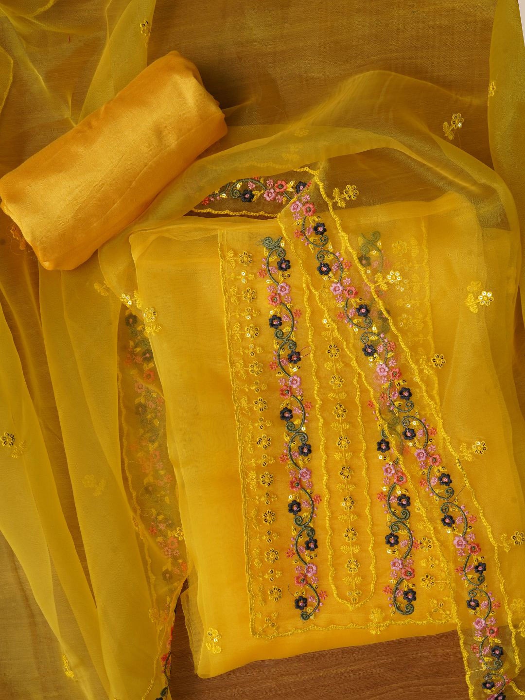 

Jaipur Kurti Unstitched Embroidered Organza Dress Material With Dupatta, Yellow