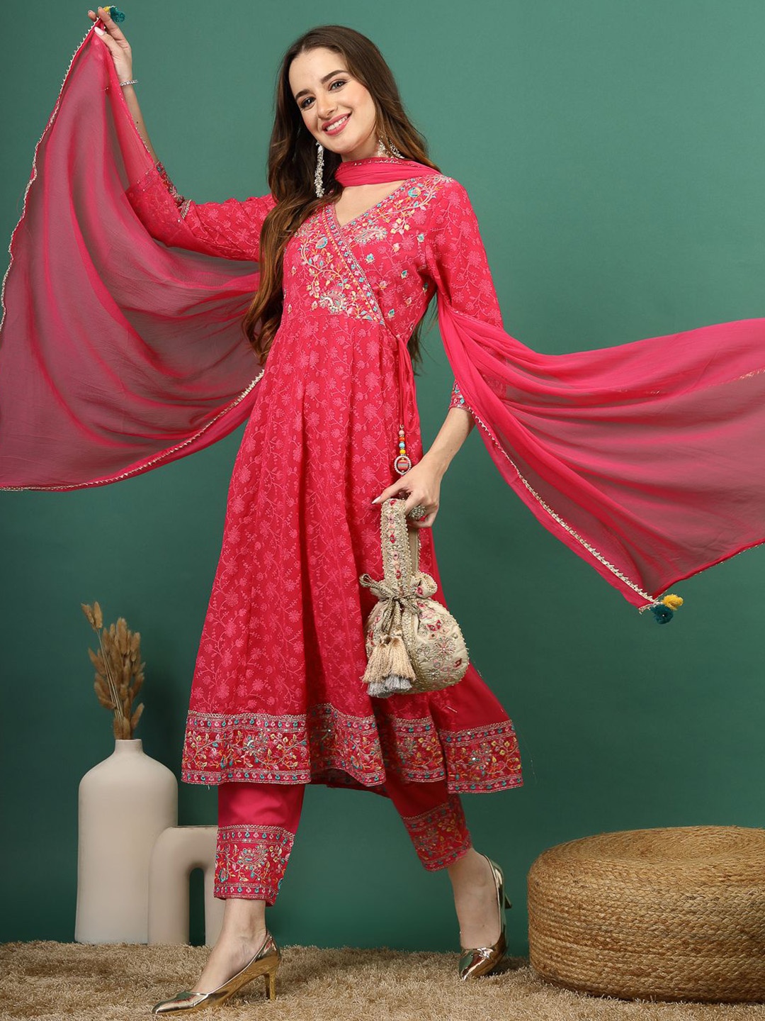 

Sangria Floral Embroidered Angrakha Sequinned Kurta with Trousers & Dupatta, Pink