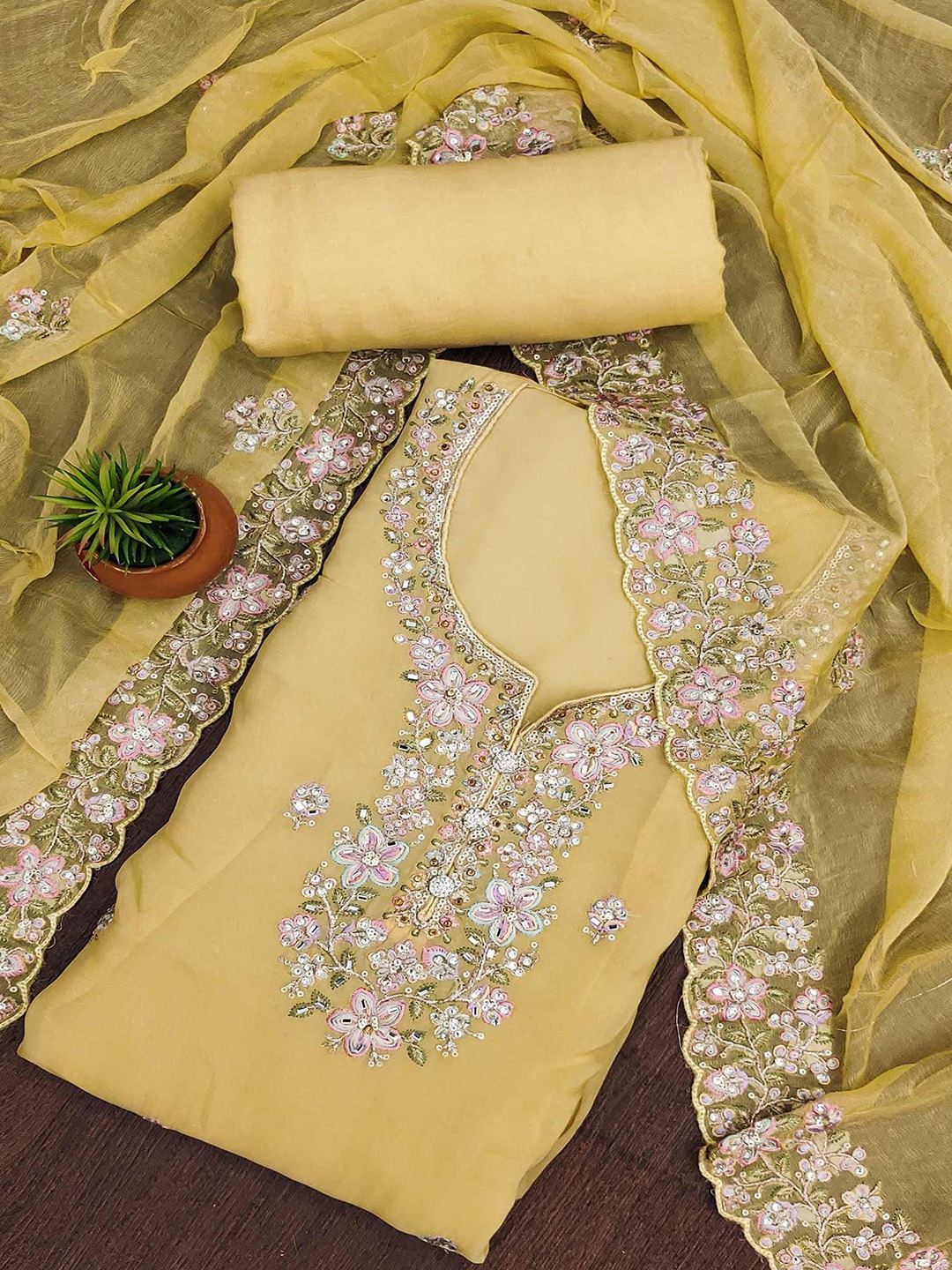 

Peachmode Embroidered Beads & Stones Organza Unstitched Dress Material, Yellow