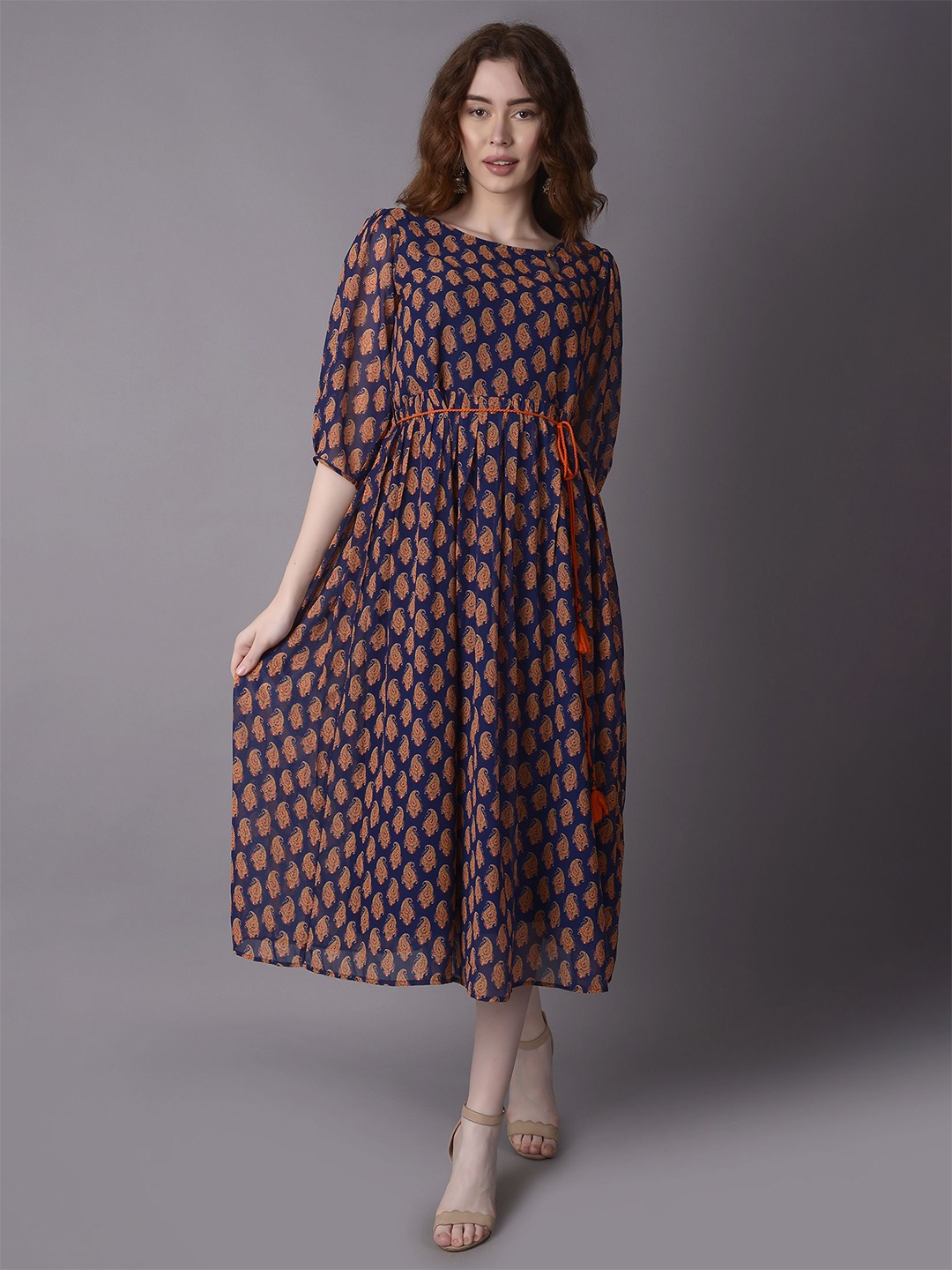 

Shree Women Ethnic Motifs Printed Fit & Flare Midi Dress, Navy blue