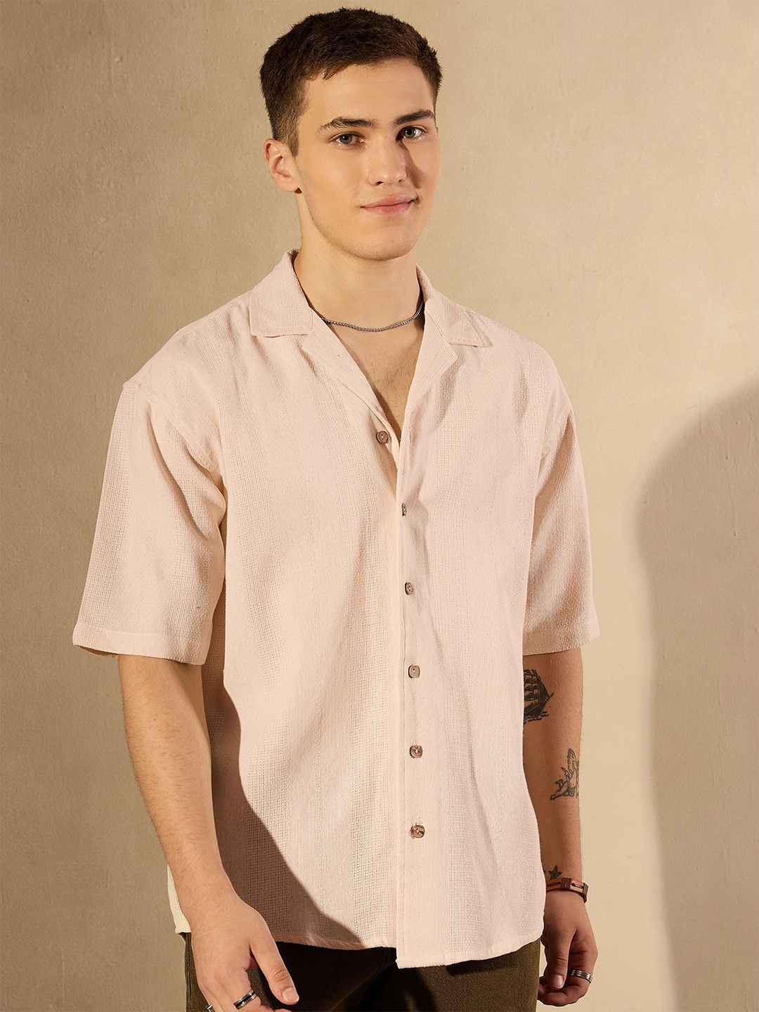 

DENNISON Men Self Design Oversized Cotton Casual Shirt, Pink
