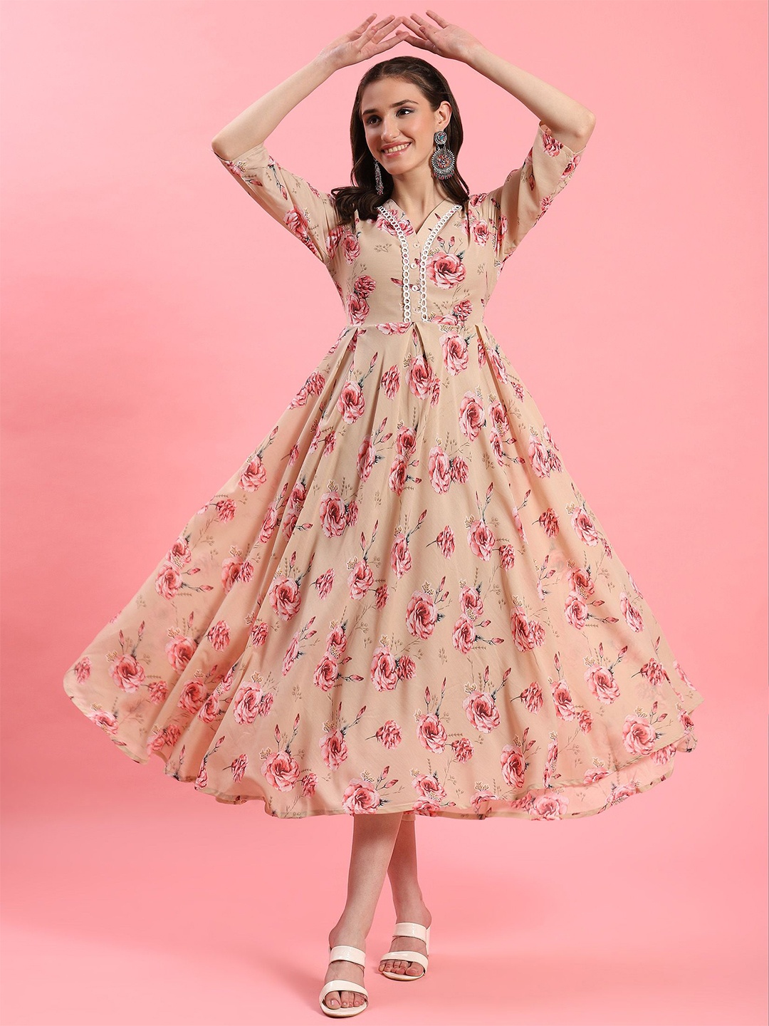 

Shree Women Floral Print Fit & Flare Midi Dress, Beige
