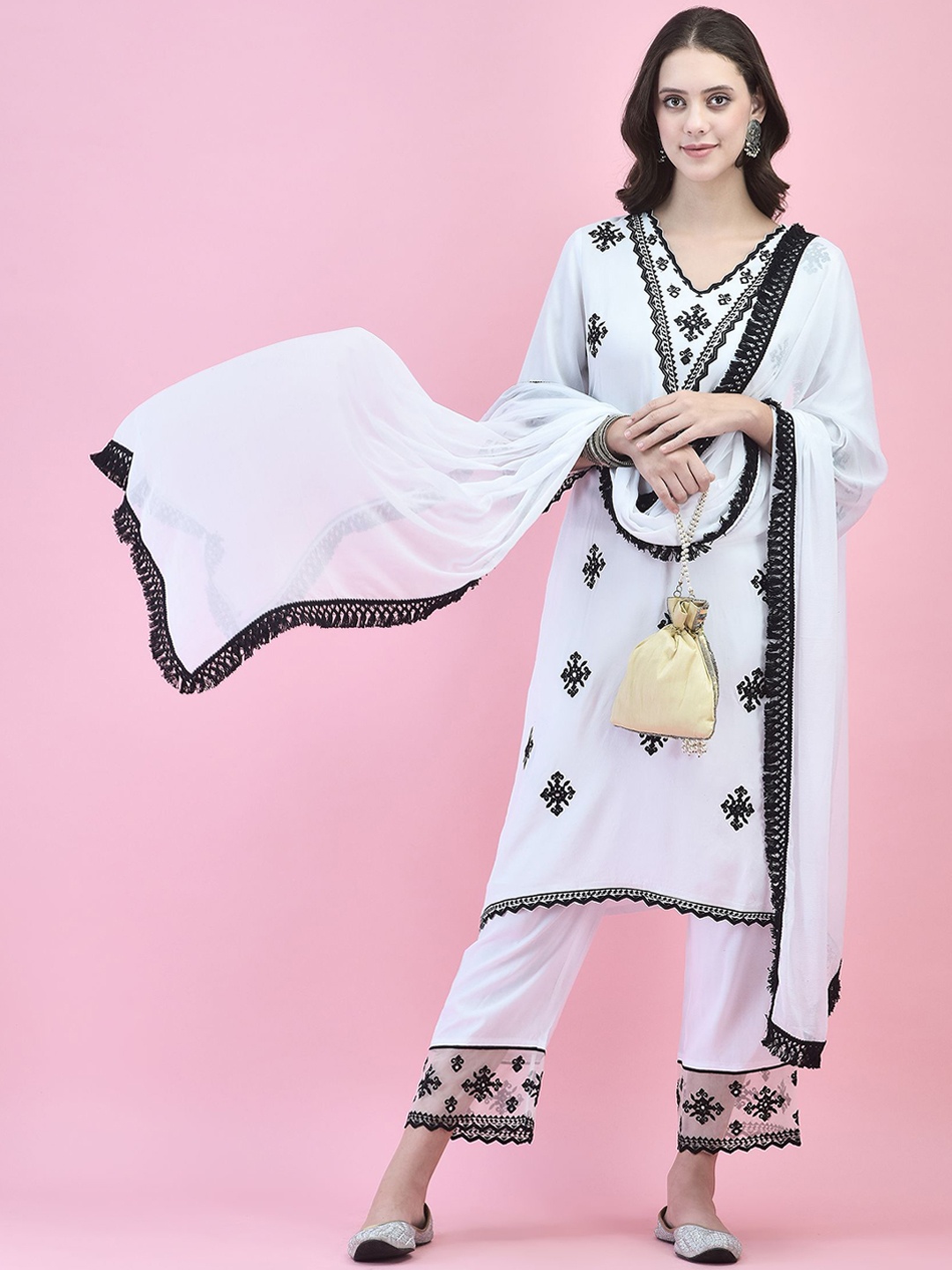 

Shree Ethnic Motifs Embroidered Mirror Work Kurta with Trousers & Dupatta, White