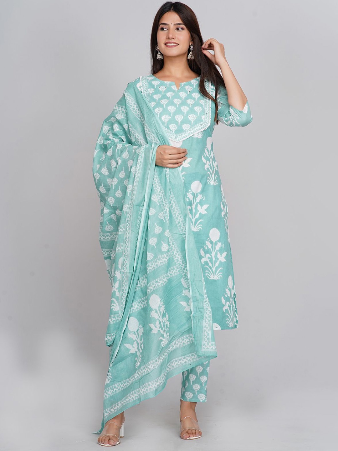 

KALINI Floral Printed Notch Neck Sequinned Kurta With Trousers & Dupatta, Sea green