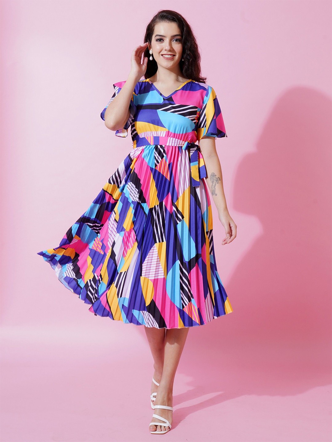 

Femvy Print Bell Sleeve Applique Crepe Fit & Flare Dress, Multi