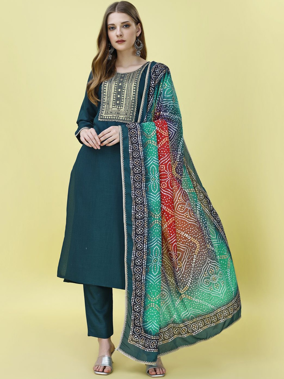 

KALINI Ethnic Motifs Embroidered Straight Kurta with Trousers & Dupatta, Teal