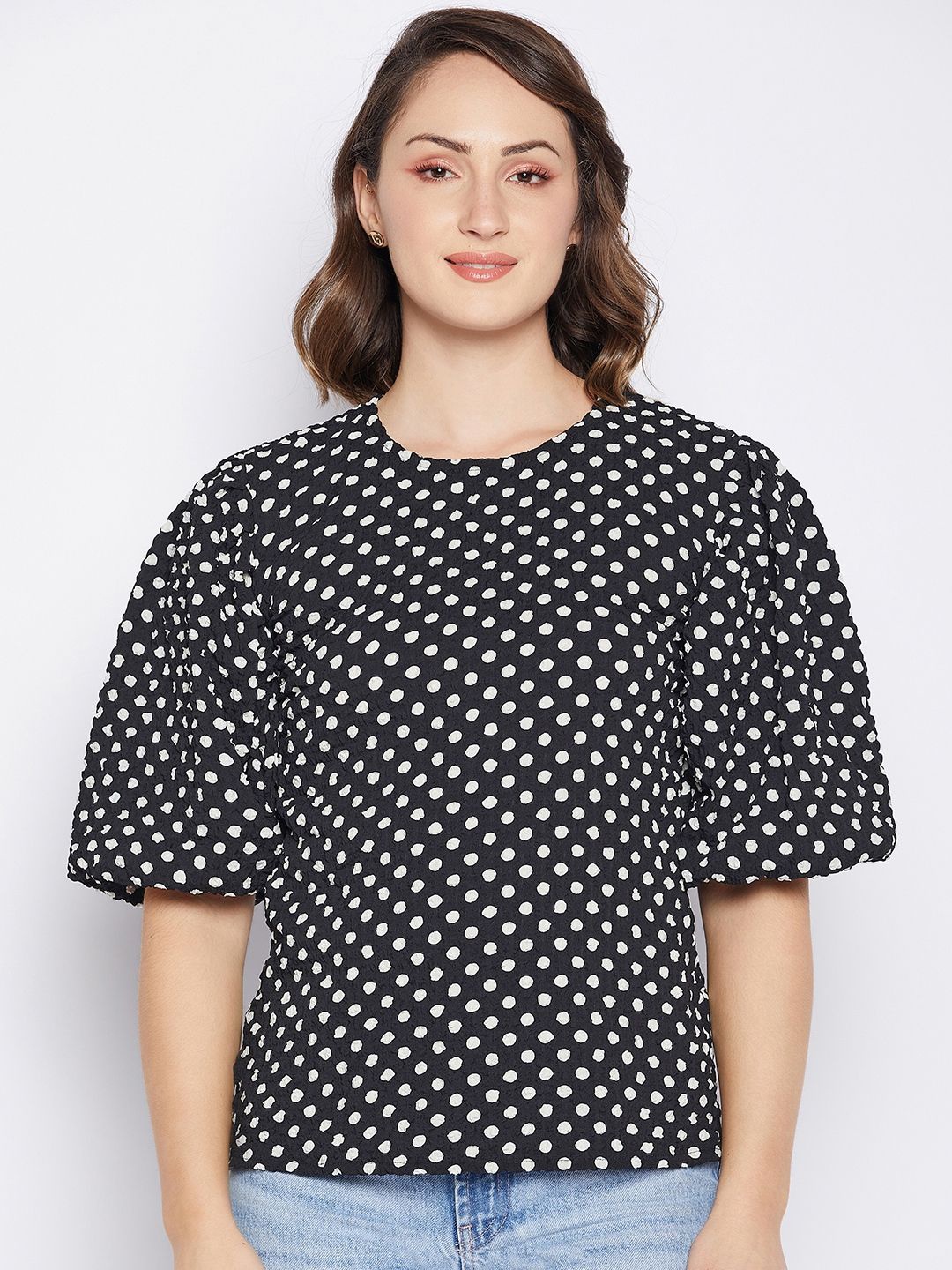 

Murcia Women Polka Dots Printed Round Neck Top, Black