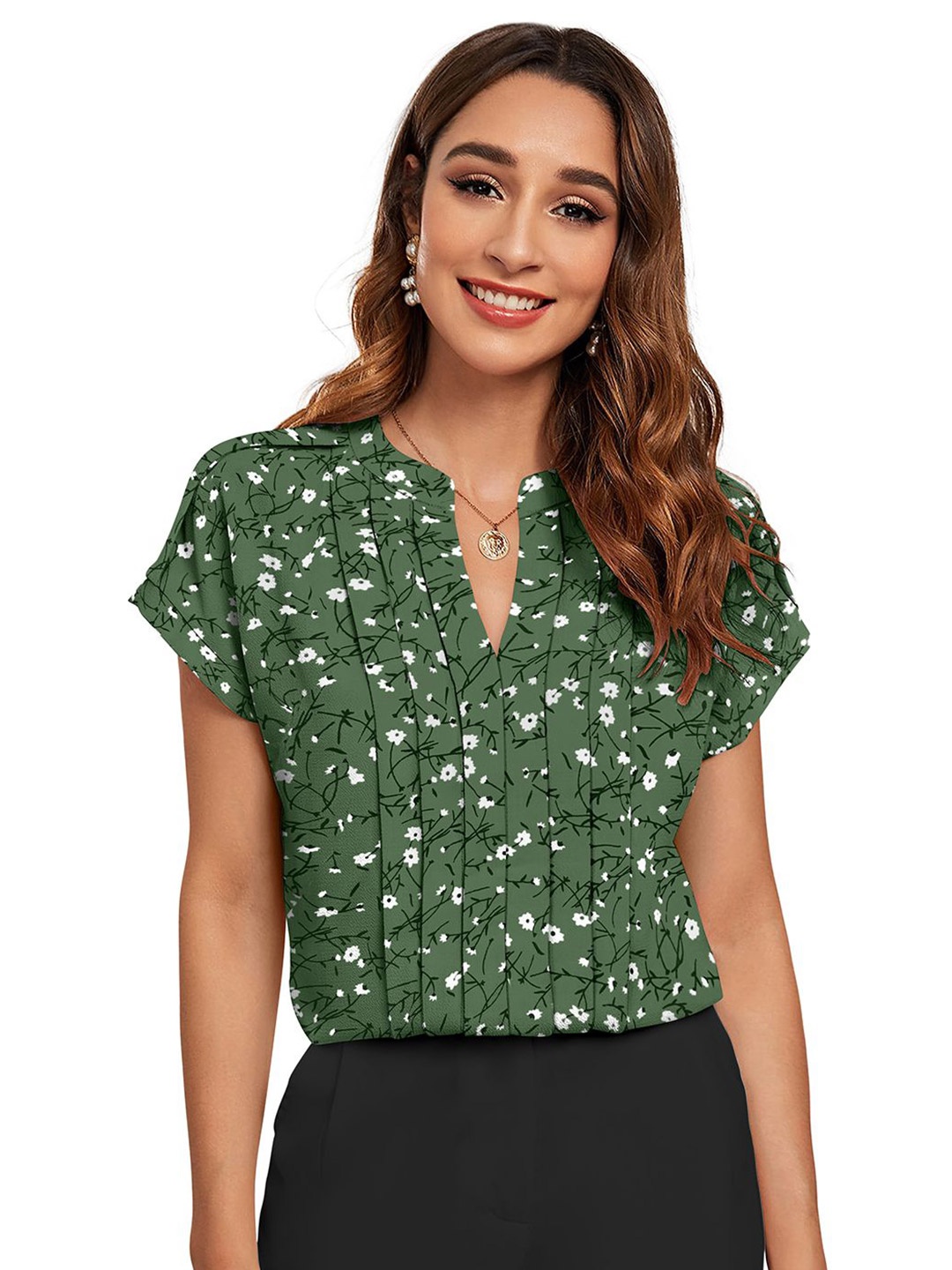 

BAESD Women Floral Printed Round Neck Top, Green