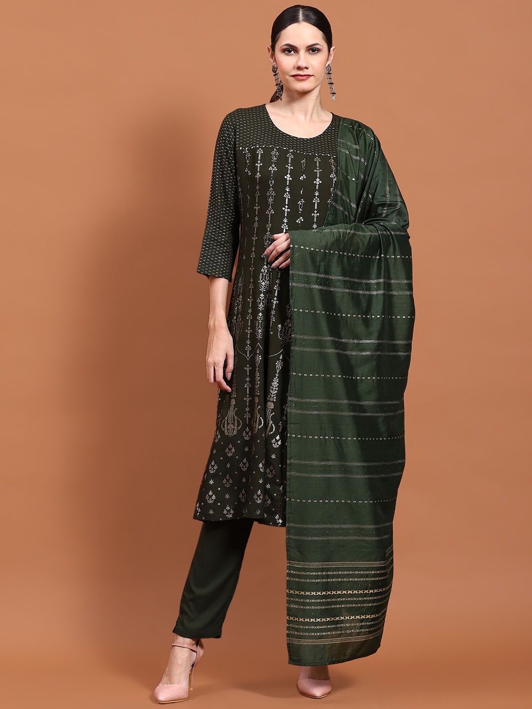 

Shree Floral Printed Sequined Liva A-Line Kurta With Trousers & Dupatta, Green