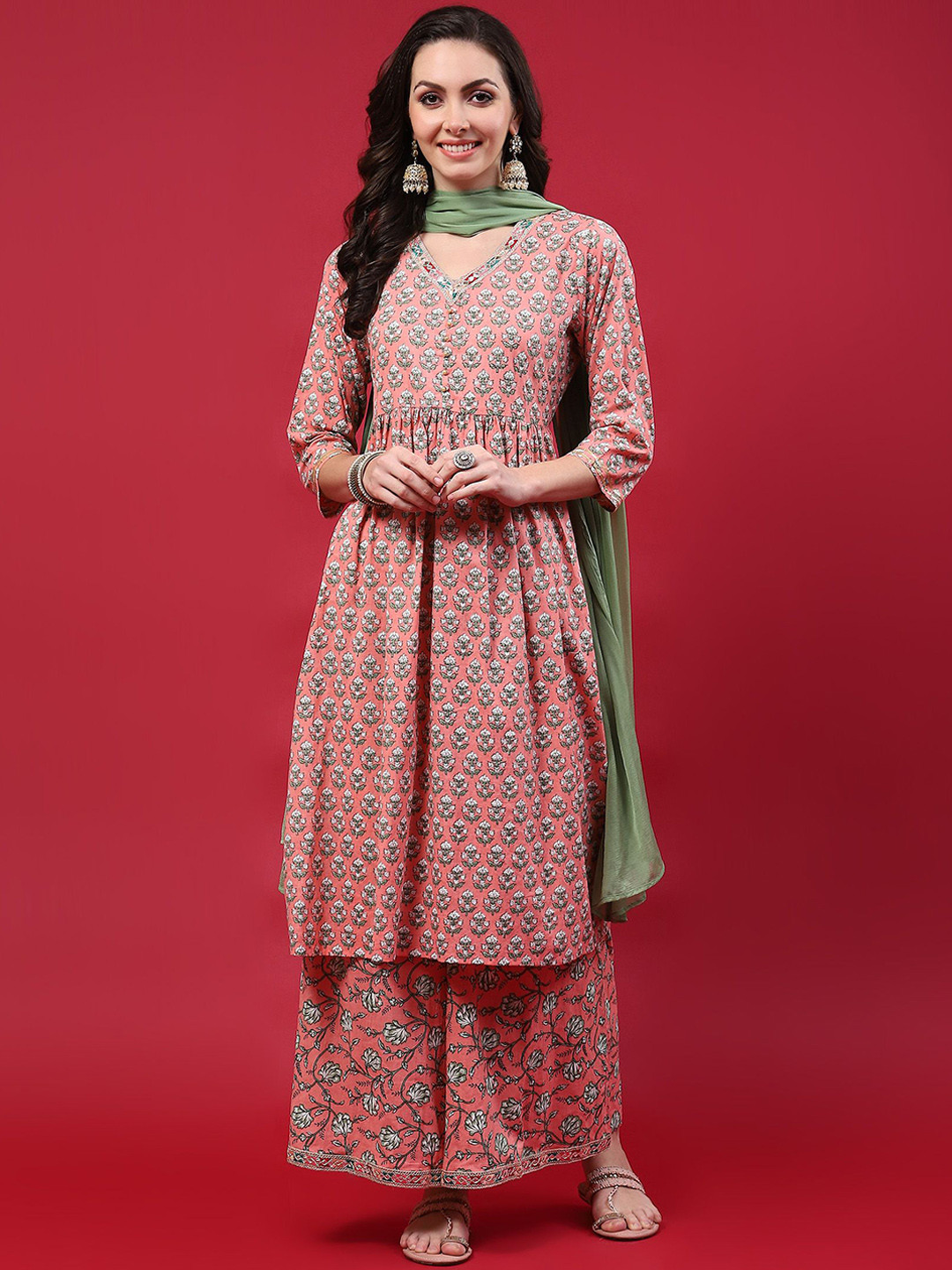 

Shree Floral Printed Sequinned Pure Cotton Anarkali Kurta With Palazzos & With Dupatta, Peach