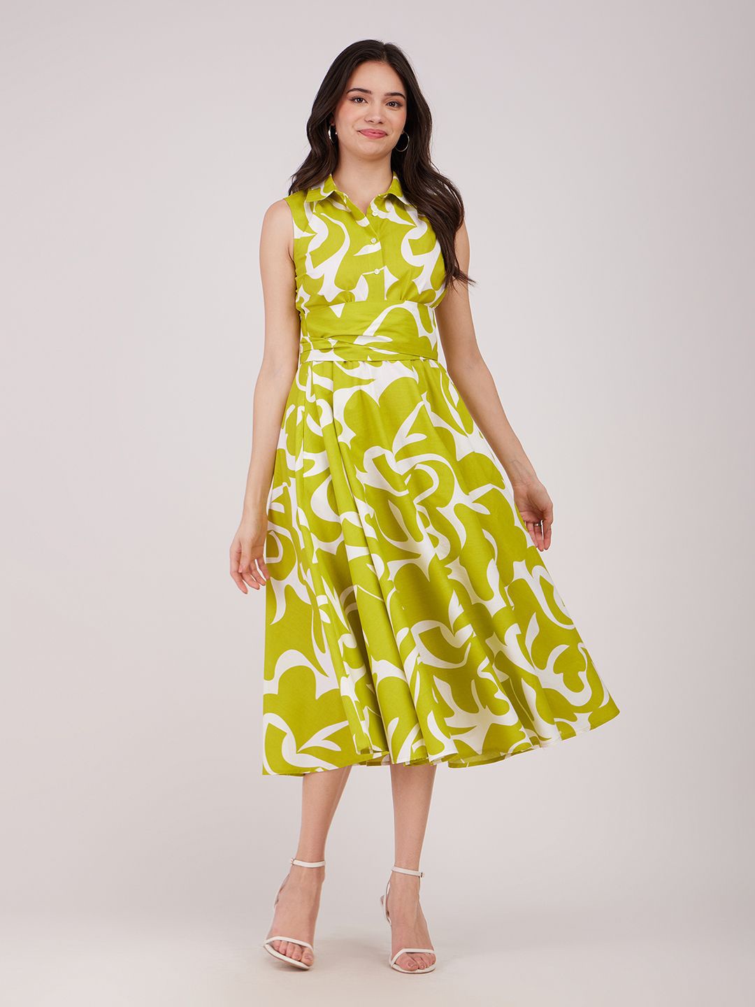 

FableStreet Printed Shirt Collar Fit & Flare Midi Dress, Green