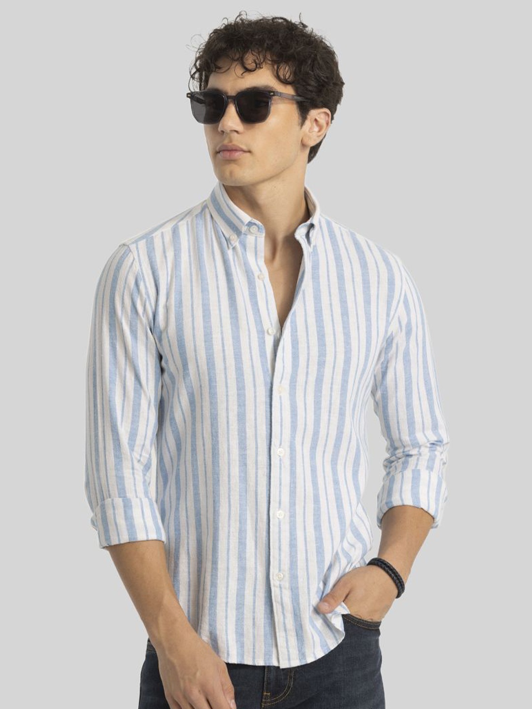 

Snitch Men Smart Button-Down Collar Striped Cotton Slim Fit Casual Shirt, White