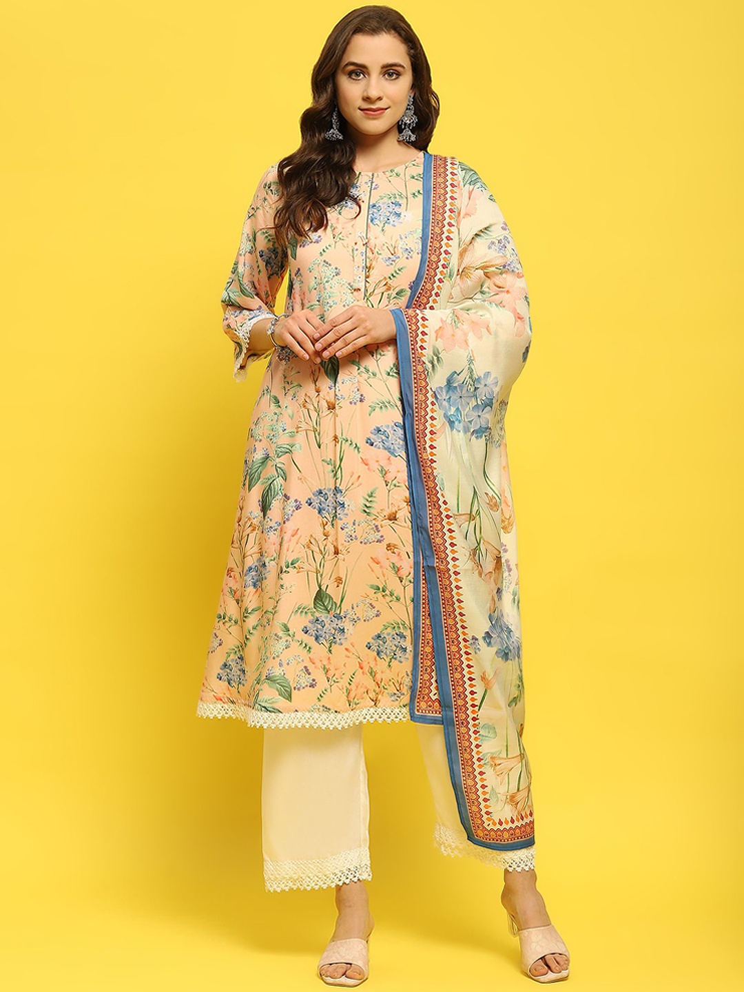 

Shree Floral Printed Kurta with Trousers & Dupatta, Peach