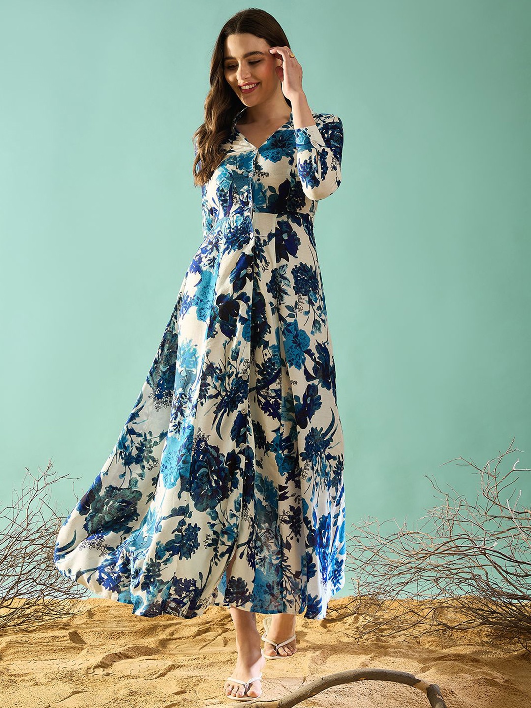 

PANIT Women Floral Printed Shirt Maxi Dress, Blue