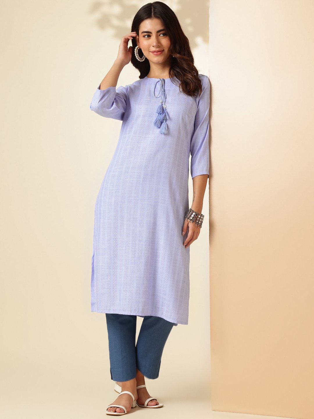 

Anouk Rustic Geometric Woven Design Tie-Up Neck Straight Kurta, Blue